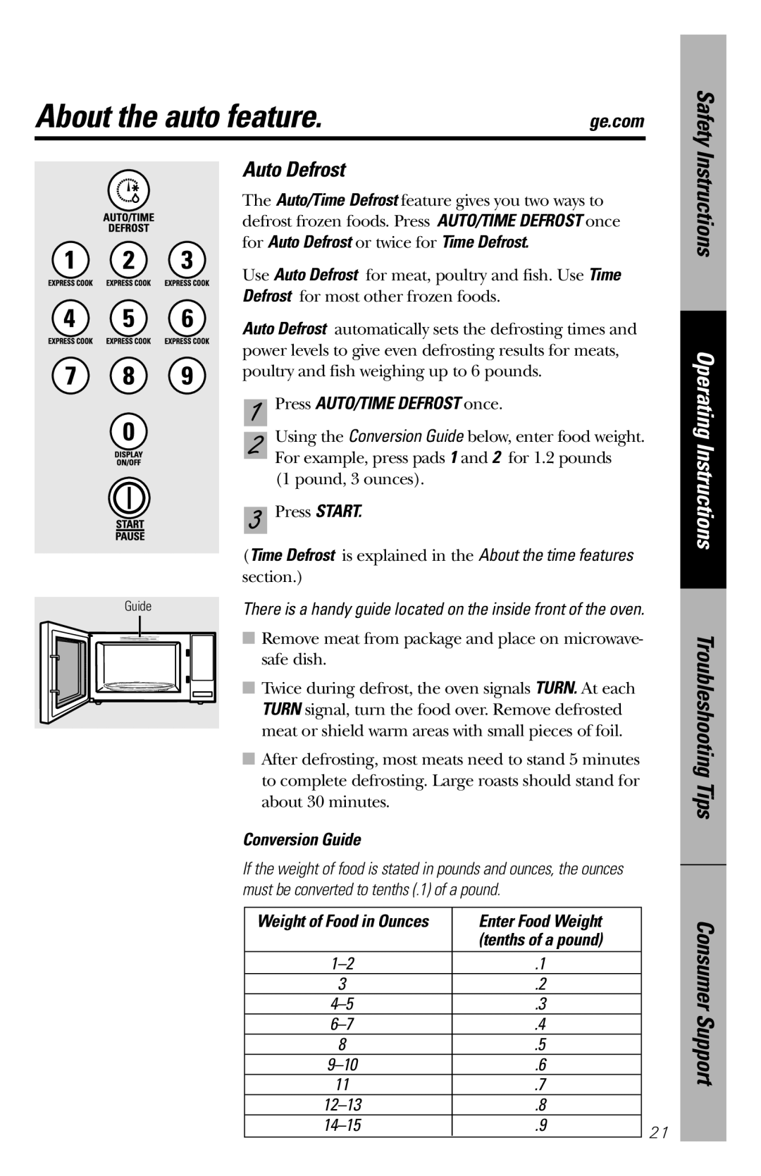 GE JES1456 For Auto Defrost or twice for Time Defrost, Press AUTO/TIME Defrost once, Conversion Guide, Enter Food Weight 