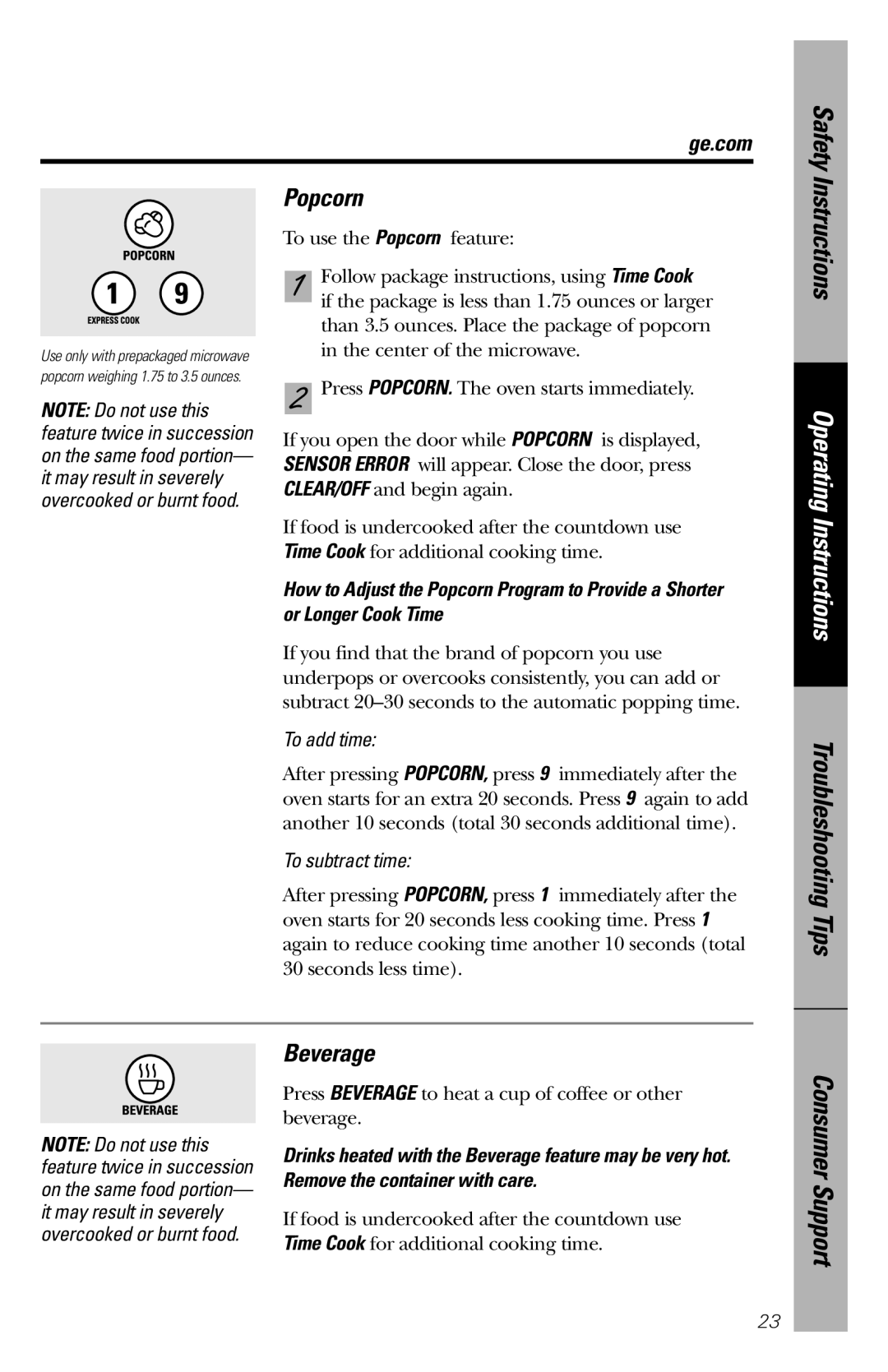 GE JES1456 owner manual Popcorn, Beverage 