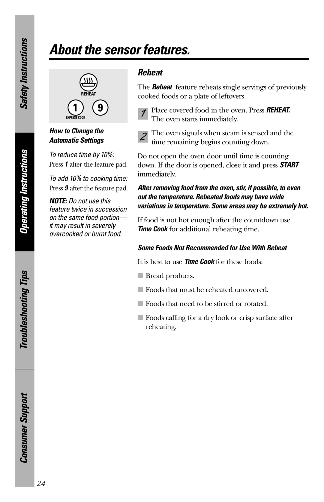 GE JES1456 owner manual Reheat, How to Change Automatic Settings 