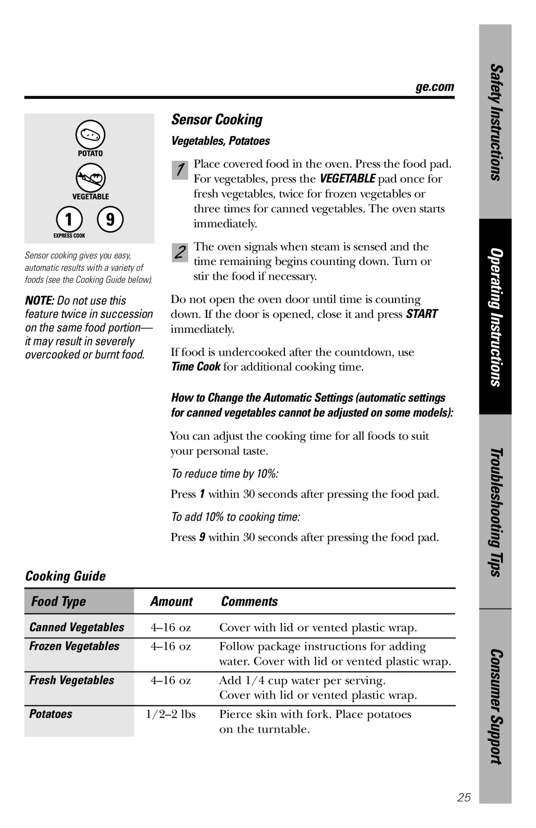 GE JES1456 owner manual Sensor Cooking, Cooking Guide Food Type Amount Comments, Vegetables, Potatoes, Troubleshooting Tips 