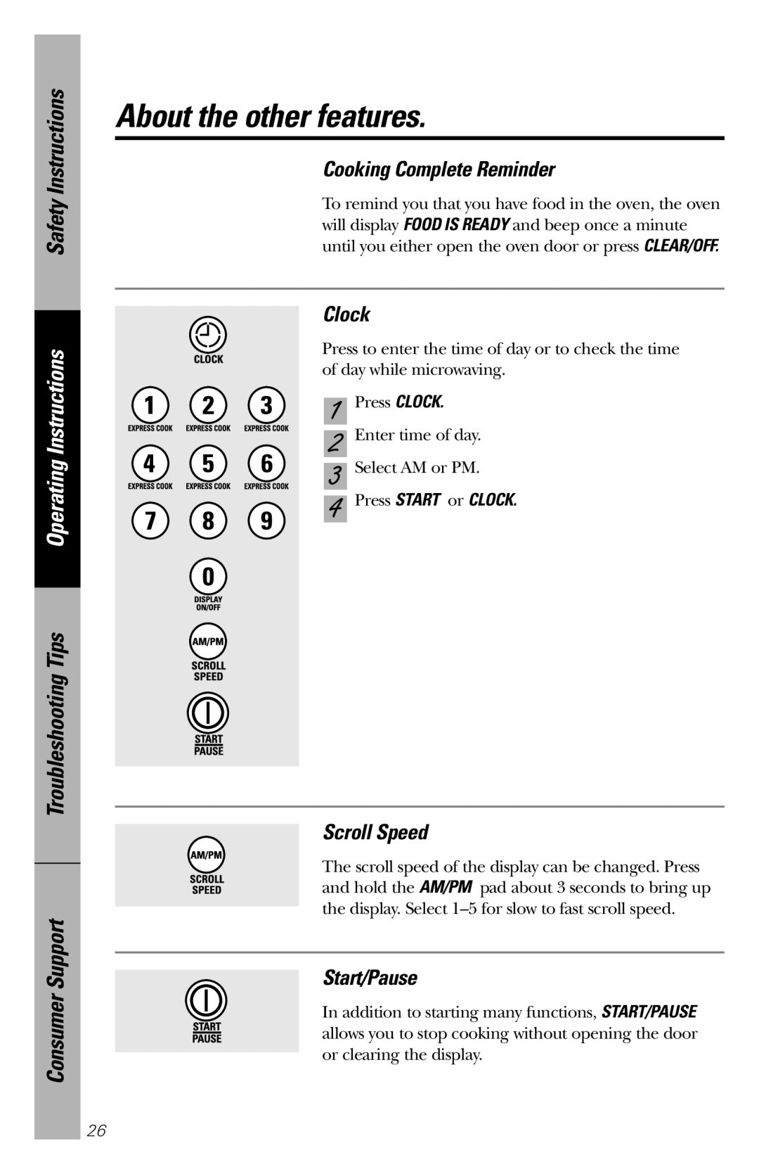 GE JES1456 owner manual About the other features, Cooking Complete Reminder, Clock, Scroll Speed, Start/Pause 