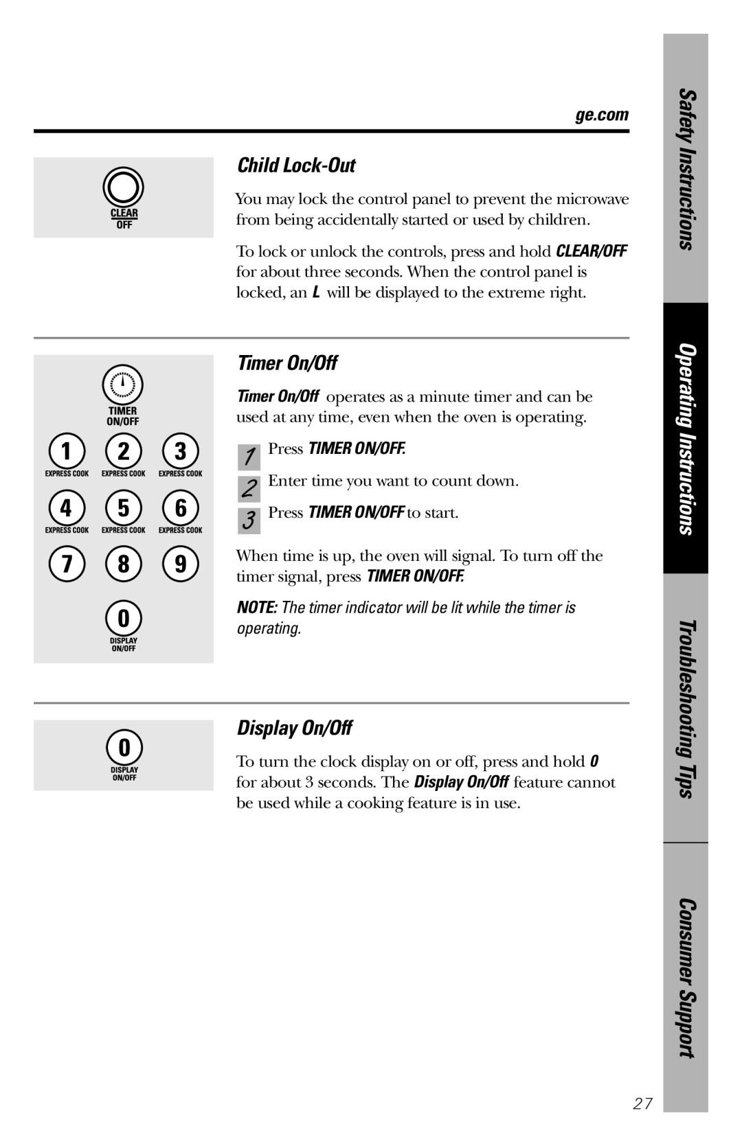 GE JES1456 owner manual Child Lock-Out, Timer On/Off, Display On/Off, Press Timer ON/OFF 