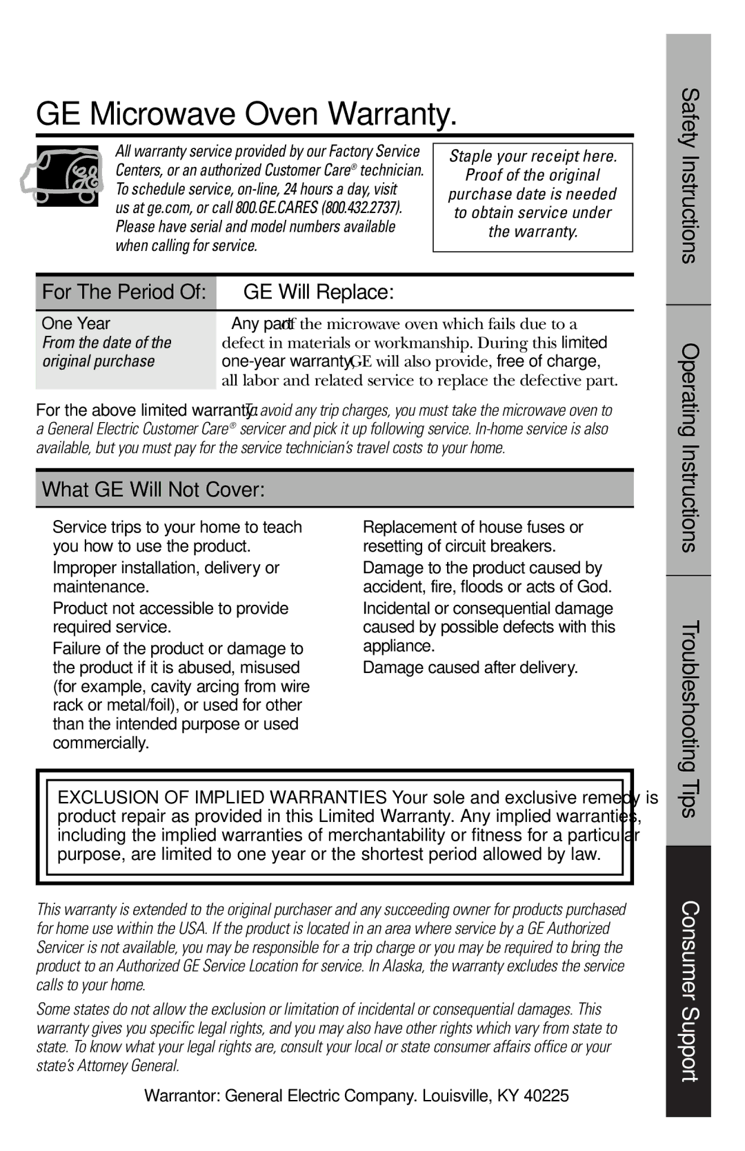 GE JES1456 owner manual GE Microwave Oven Warranty, GE Will Replace, What GE Will Not Cover, Safety 