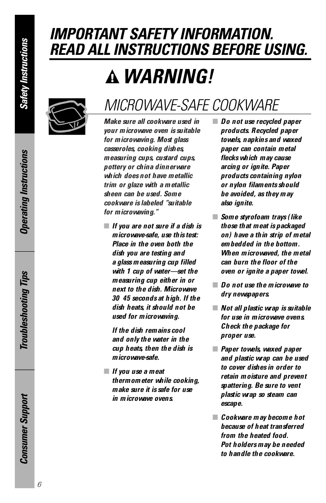 GE JES1456 owner manual MICROWAVE-SAFE Cookware 