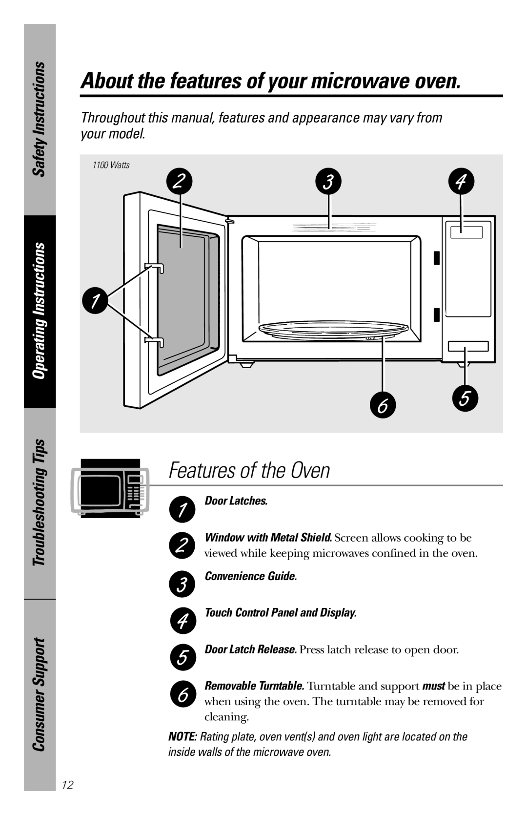 GE JES1456 Features of the Oven, About the features of your microwave oven, Safety Instructions, Operating Instructions 