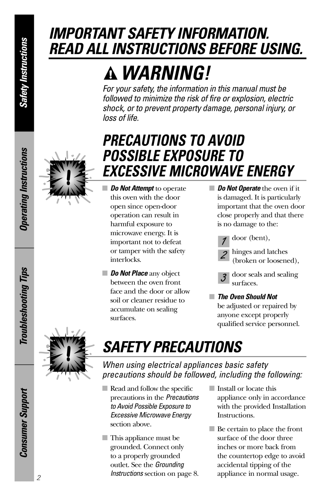 GE JES1456 Precautions To Avoid Possible Exposure To, Safety Precautions, Excessive Microwave Energy, Safety Instructions 
