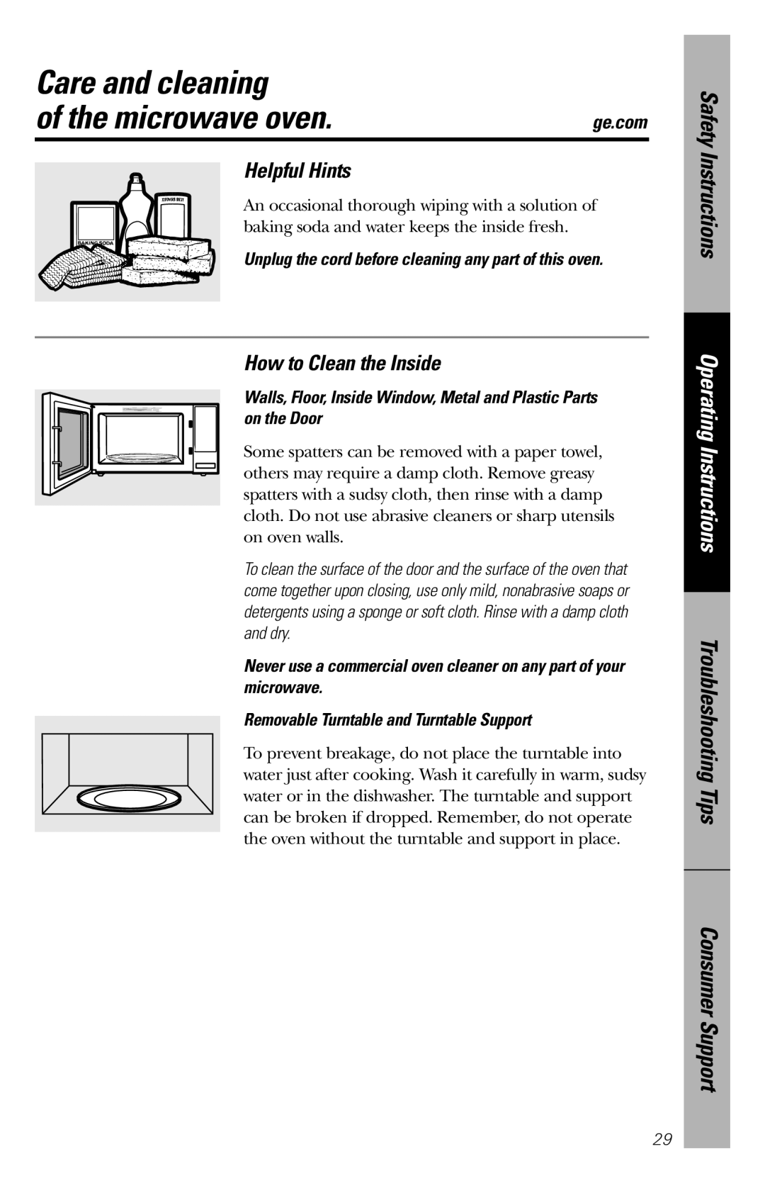 GE JES1456 Care and cleaning, of the microwave oven, Helpful Hints, How to Clean the Inside, Safety Instructions 