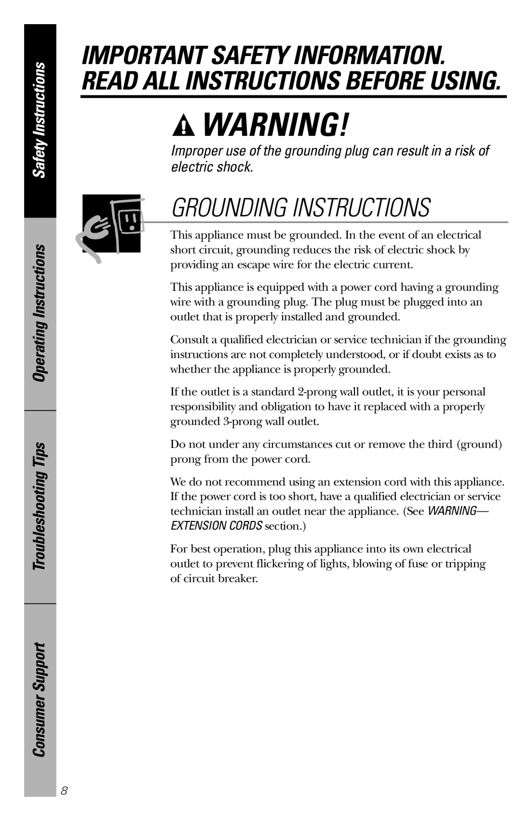 GE JES1456 Grounding Instructions, Important Safety Information. Read All Instructions Before Using, Safety Instructions 