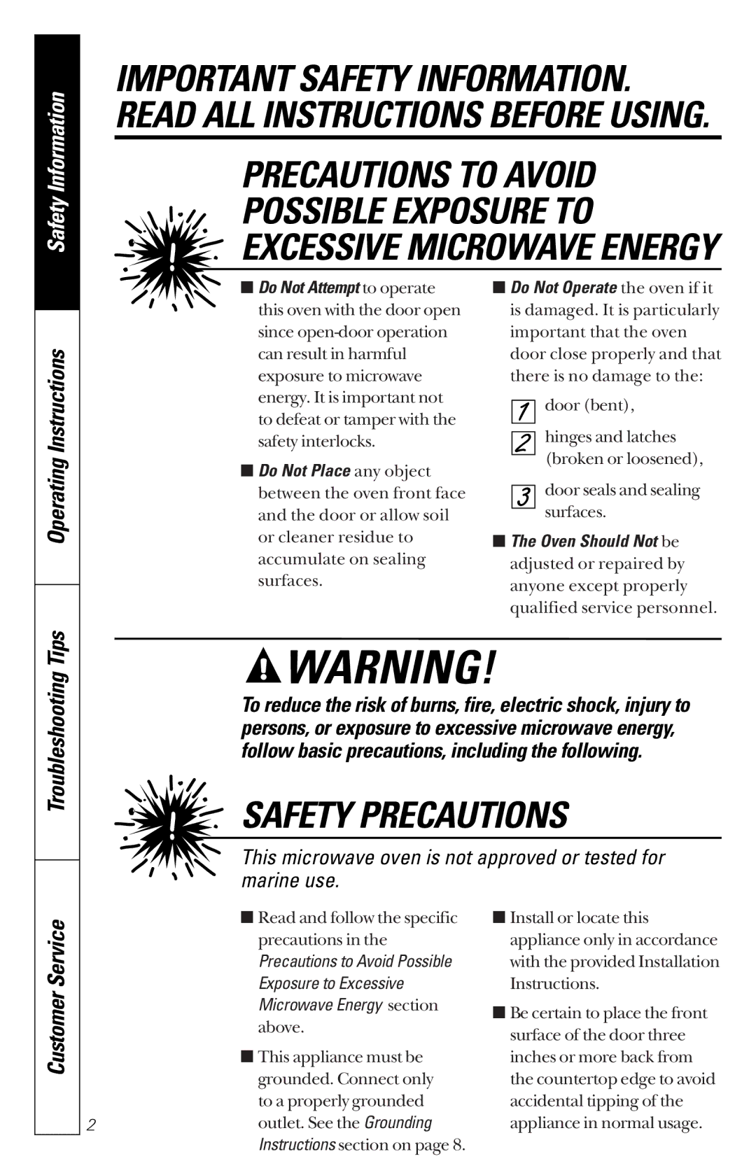 GE JES1851 owner manual Precautions to Avoid, Customer Service 