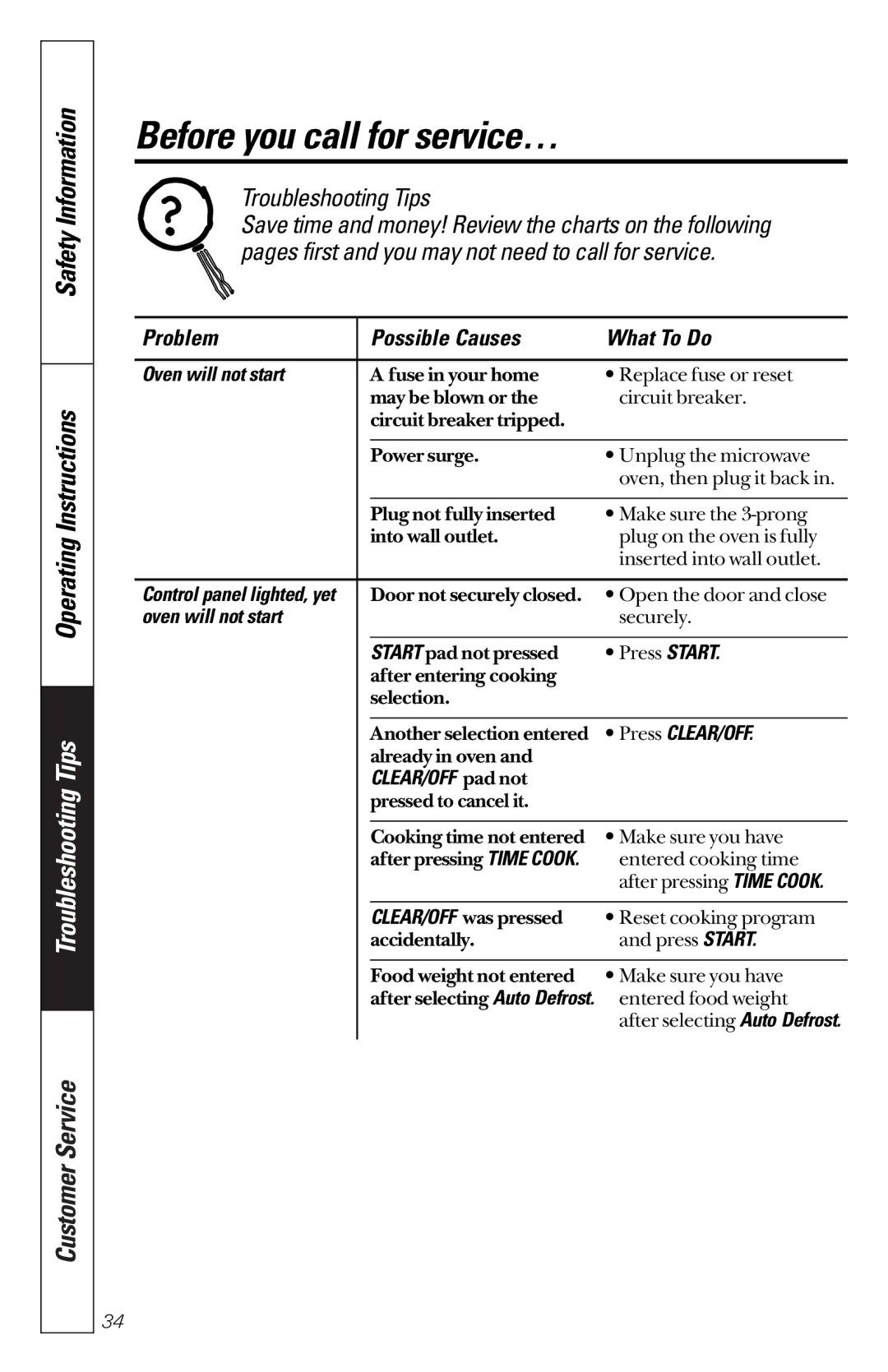 GE JES1851 owner manual Before you call for service…, Oven will not start, Press CLEAR/OFF, CLEAR/OFF pad not 