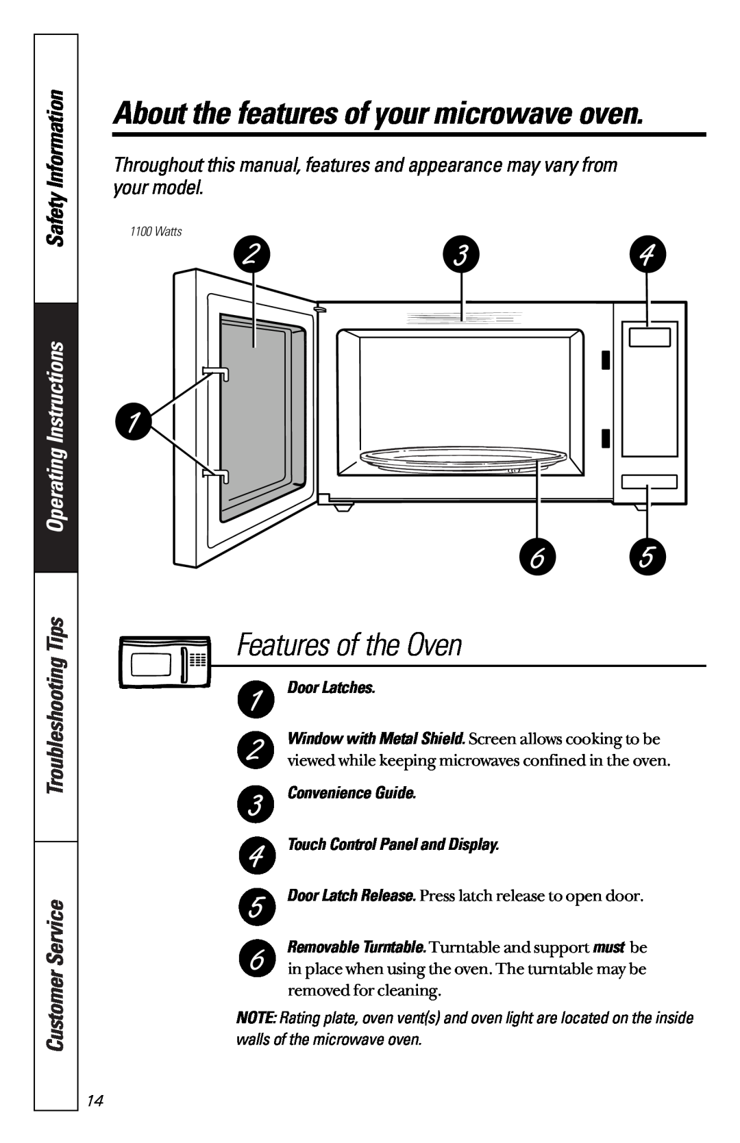 GE JES1851 Features of the Oven, About the features of your microwave oven, Safety Information, Operating Instructions 