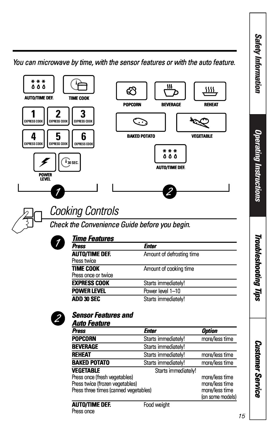GE JES1851 Cooking Controls, Check the Convenience Guide before you begin, Time Features, Sensor Features and Auto Feature 