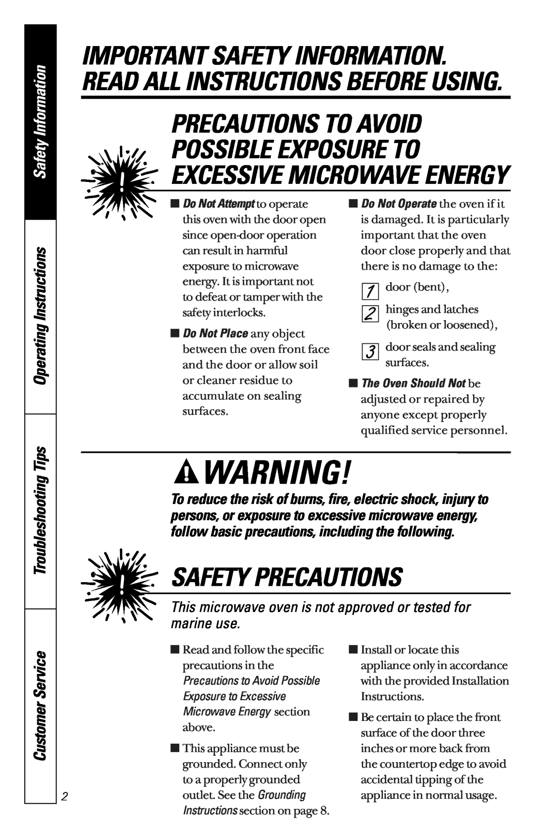 GE JES1851 Possible Exposure To Excessive Microwave Energy, Safety Information, Operating Instructions, Customer Service 