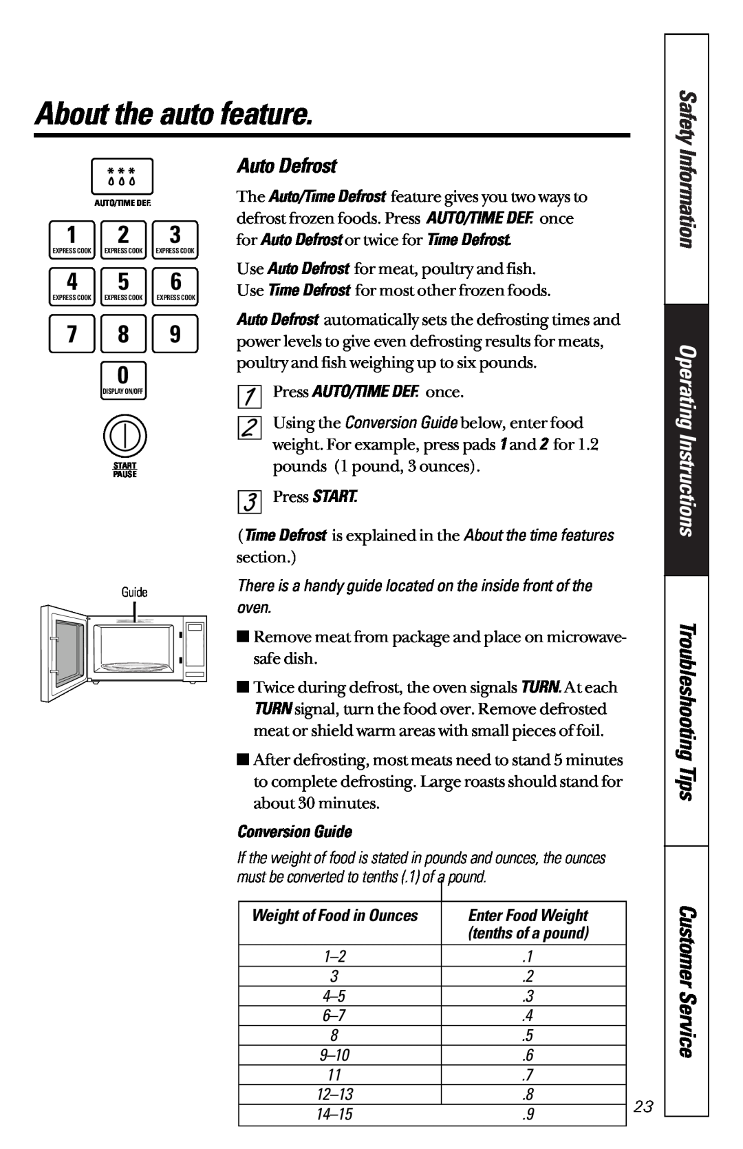 GE JES1851 owner manual About the auto feature, for Auto Defrost or twice for Time Defrost, Press AUTO/TIME DEF. once 