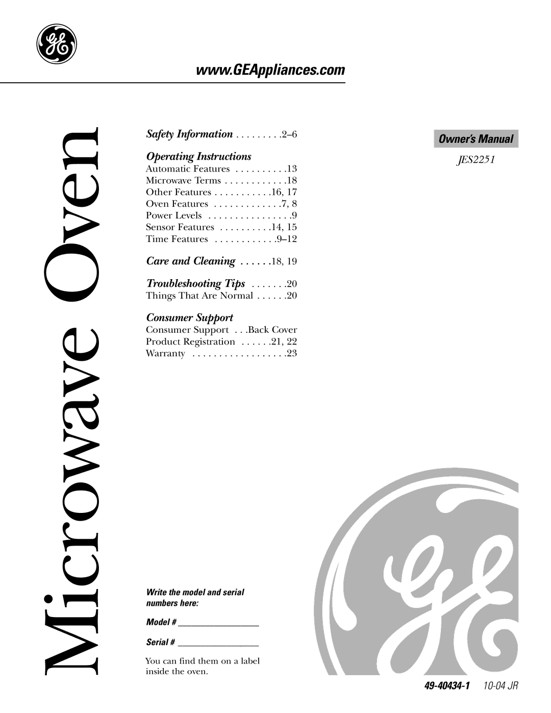 GE JES2251 owner manual 49-40434-1 10-04 JR, Write the model and serial numbers here Model # Serial # 