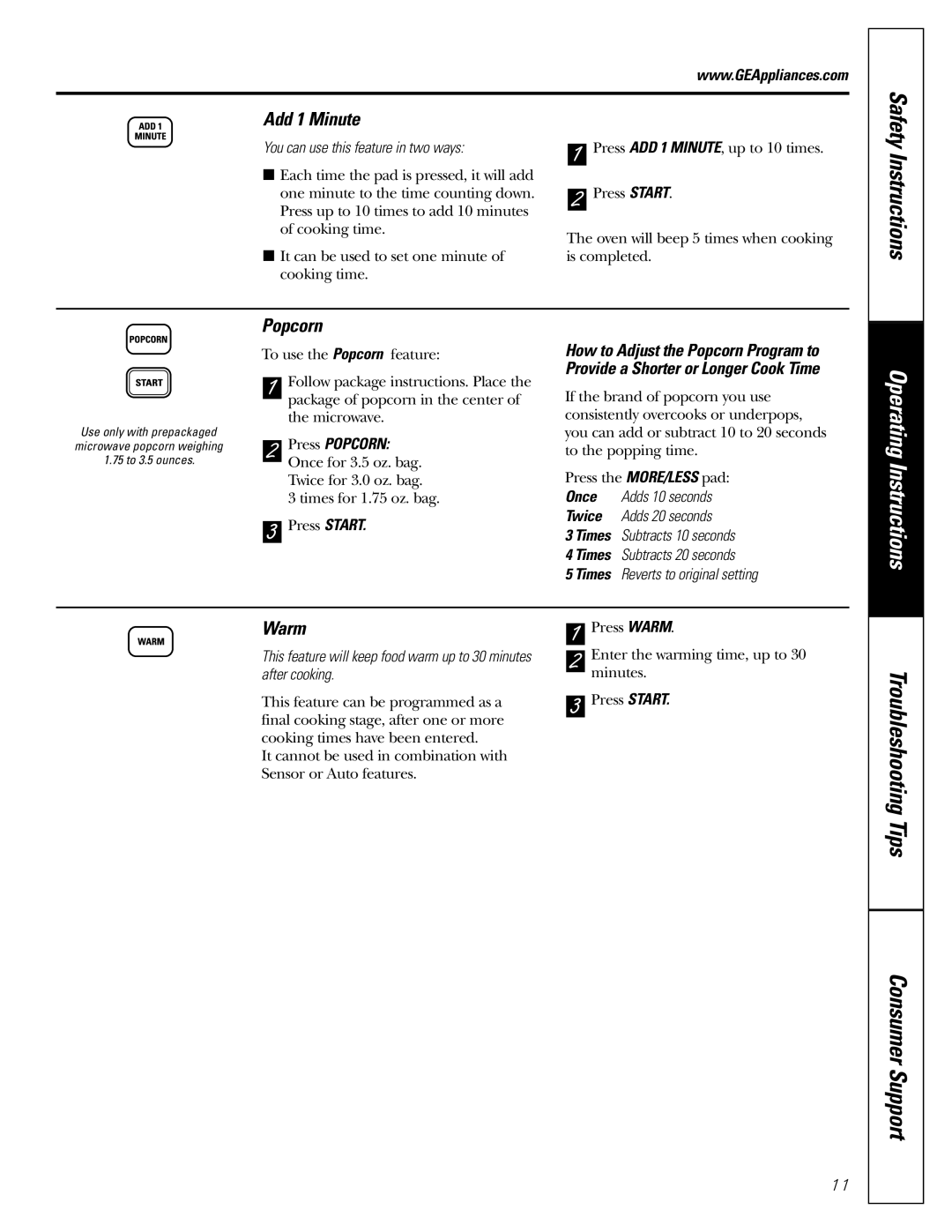 GE JES2251 owner manual Add 1 Minute, Warm, You can use this feature in two ways, Press Popcorn 