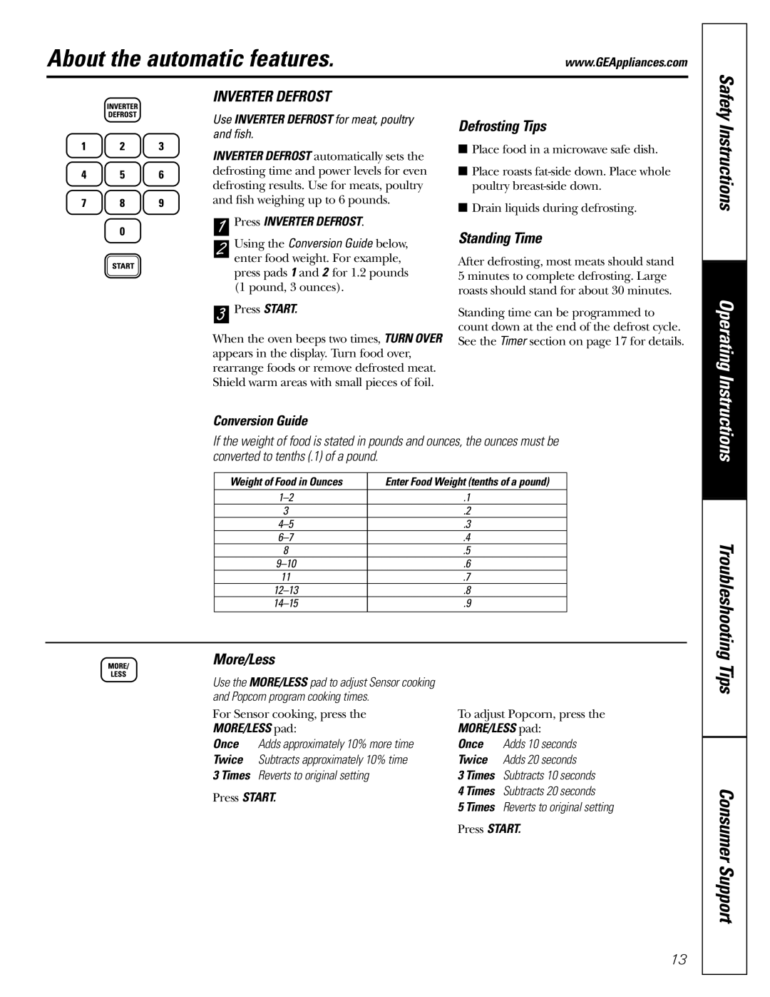 GE JES2251 owner manual About the automatic features, Defrosting Tips, Standing Time, More/Less, Conversion Guide 