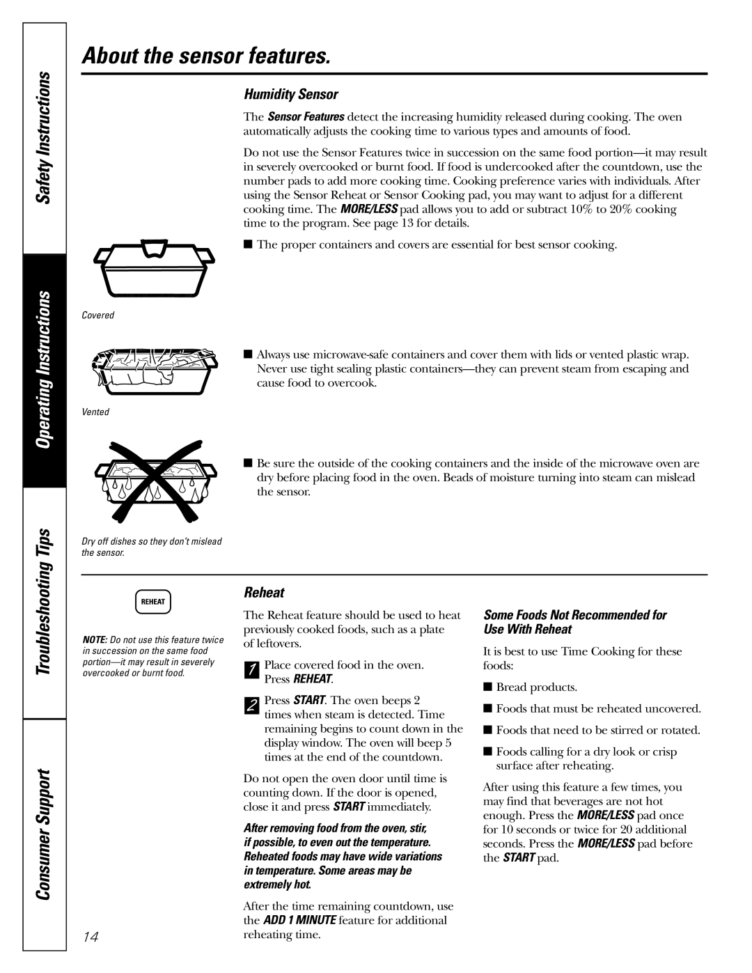 GE JES2251 owner manual About the sensor features, Humidity Sensor, Troubleshooting, Reheat 