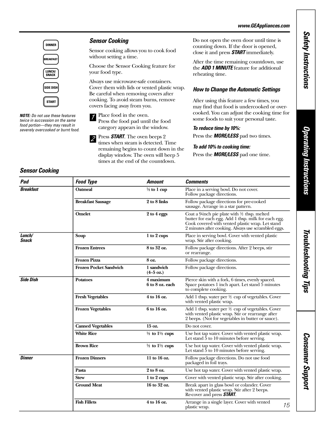 GE JES2251 owner manual Sensor Cooking, How to Change the Automatic Settings 