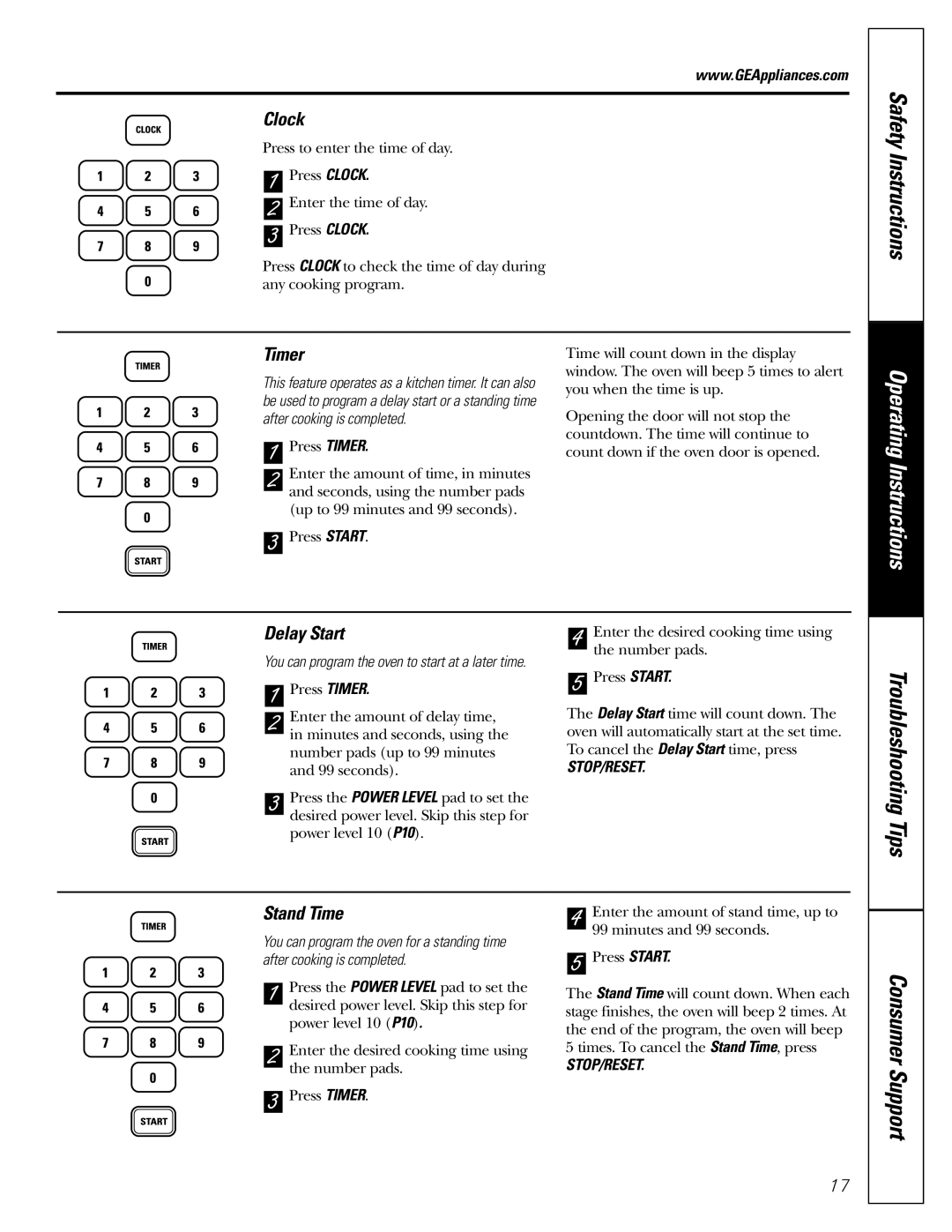 GE JES2251 owner manual Clock, Timer, Delay Start, Stand Time 