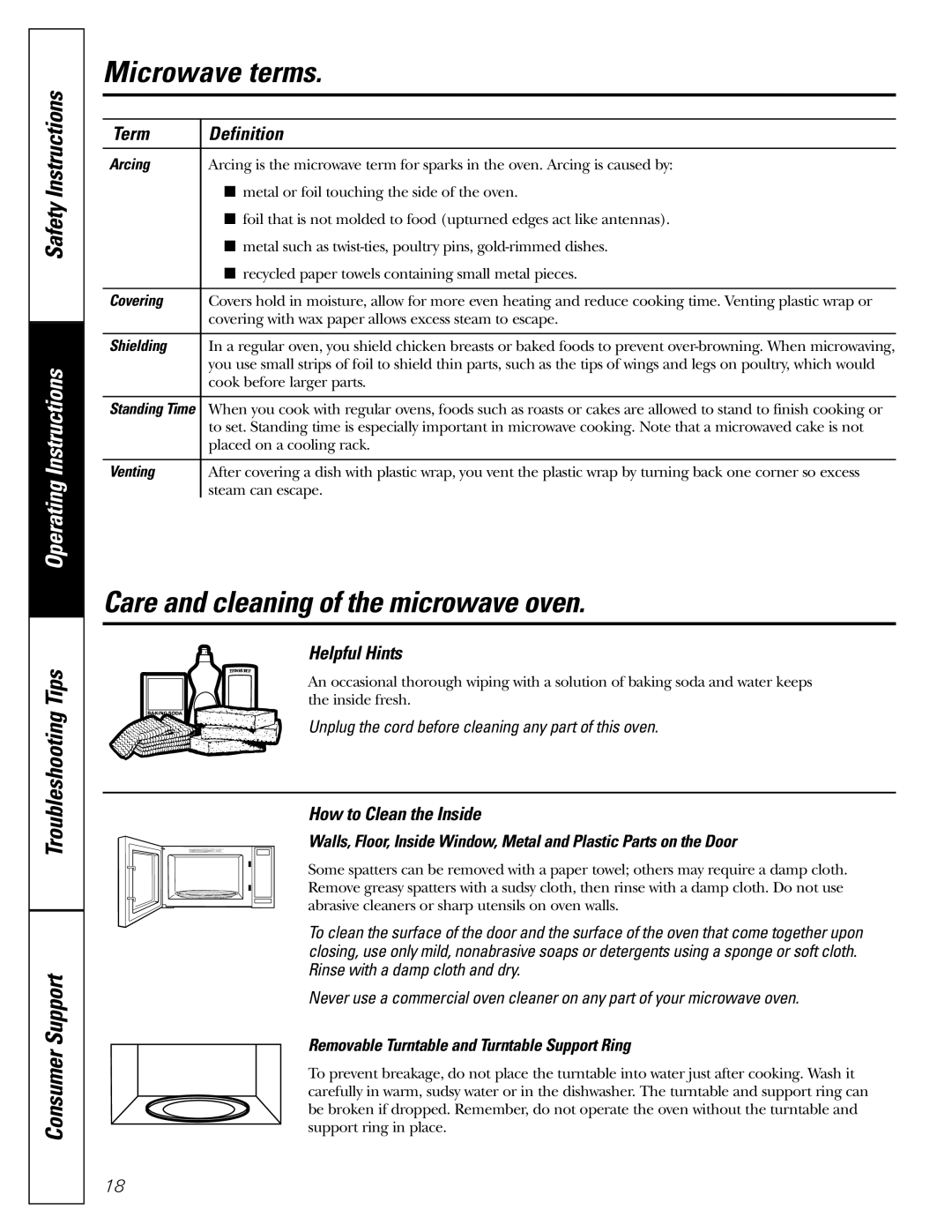 GE JES2251 owner manual Microwave terms, Care and cleaning of the microwave oven, Term Definition, Helpful Hints 