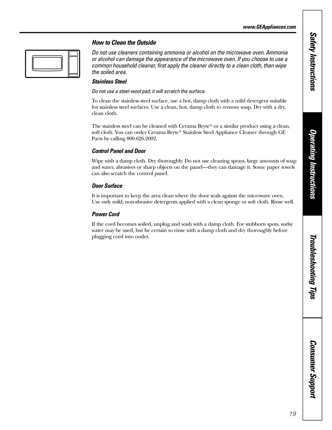 GE JES2251 owner manual How to Clean the Outside, Stainless Steel, Control Panel and Door, Door Surface, Power Cord 