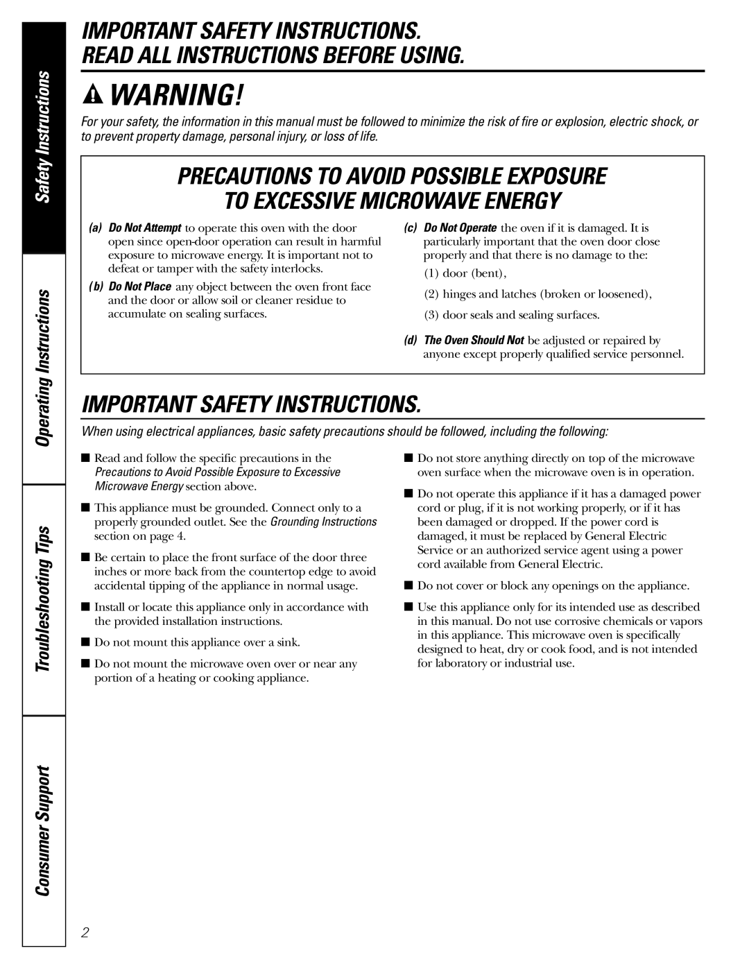 GE JES2251 owner manual Important Safety Instructions 