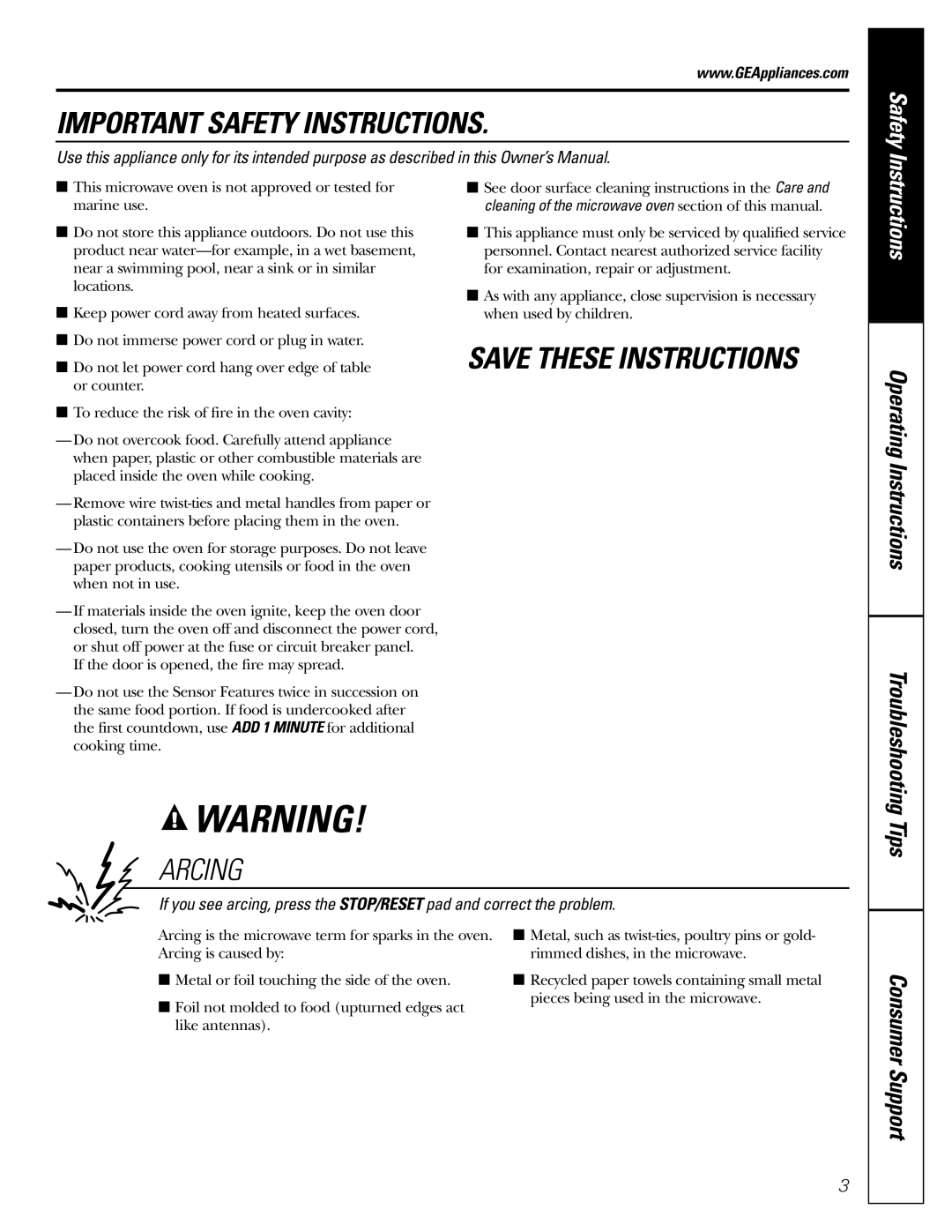 GE JES2251 owner manual Arcing, Safety 