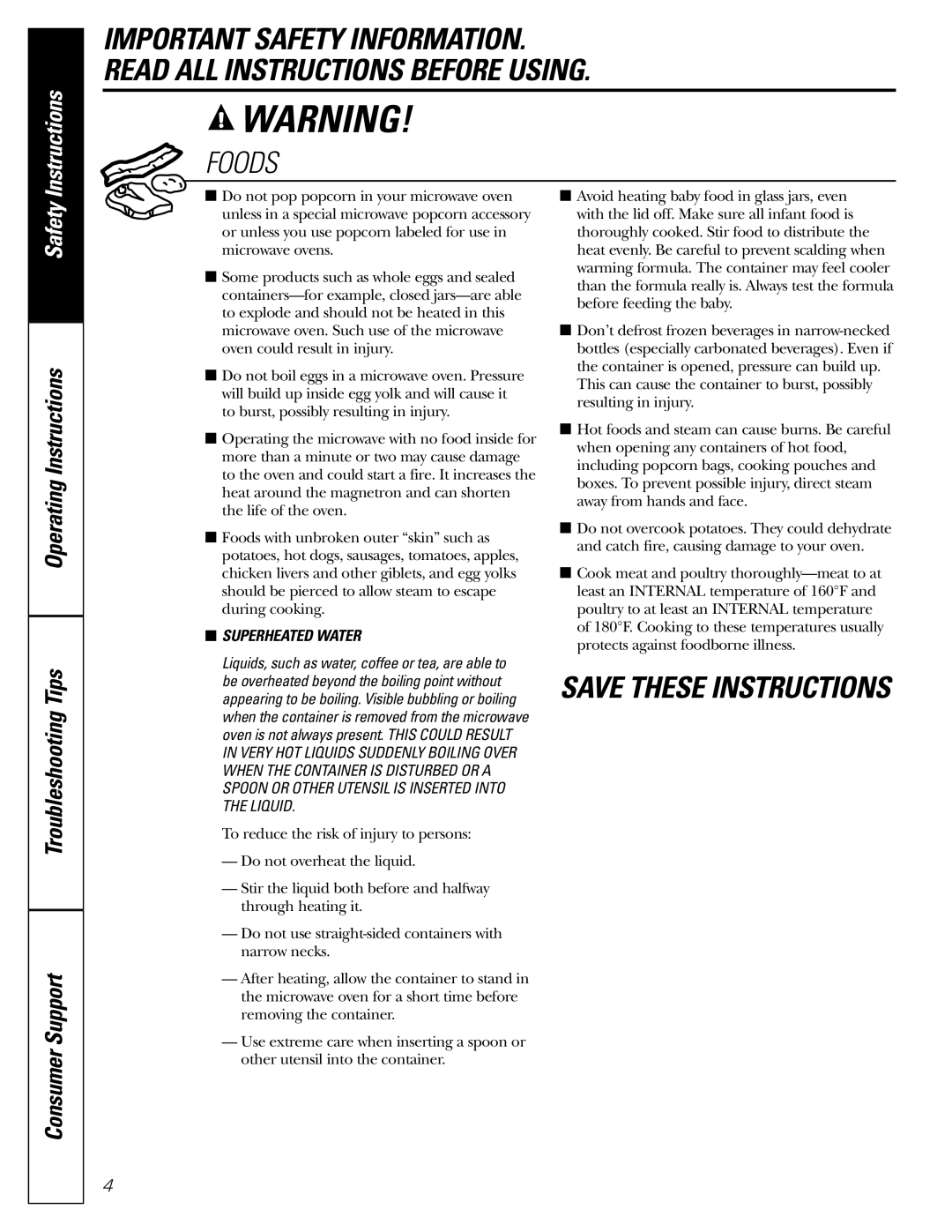 GE JES2251 owner manual Foods, Operating Instructions Troubleshooting Tips 