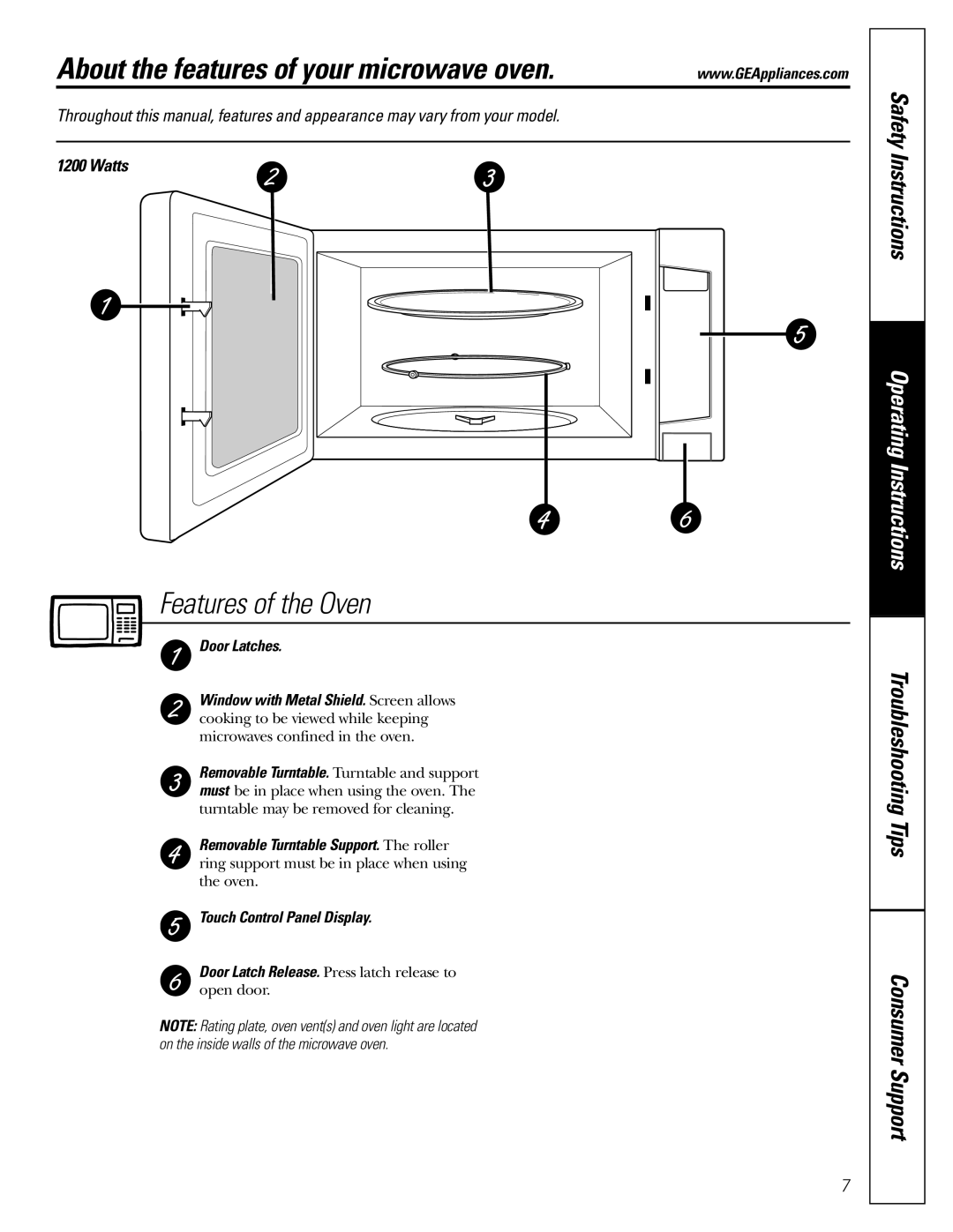 GE JES2251 owner manual About the features of your microwave oven, Watts, Door Latches, Touch Control Panel Display 