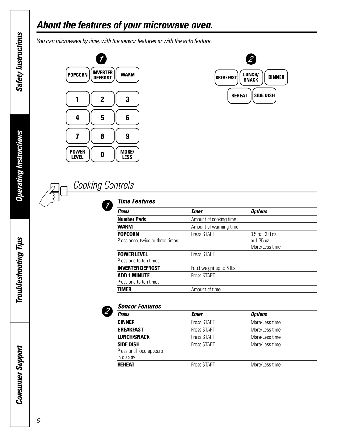 GE JES2251 owner manual Time Features, Sensor Features, Press Enter Options 