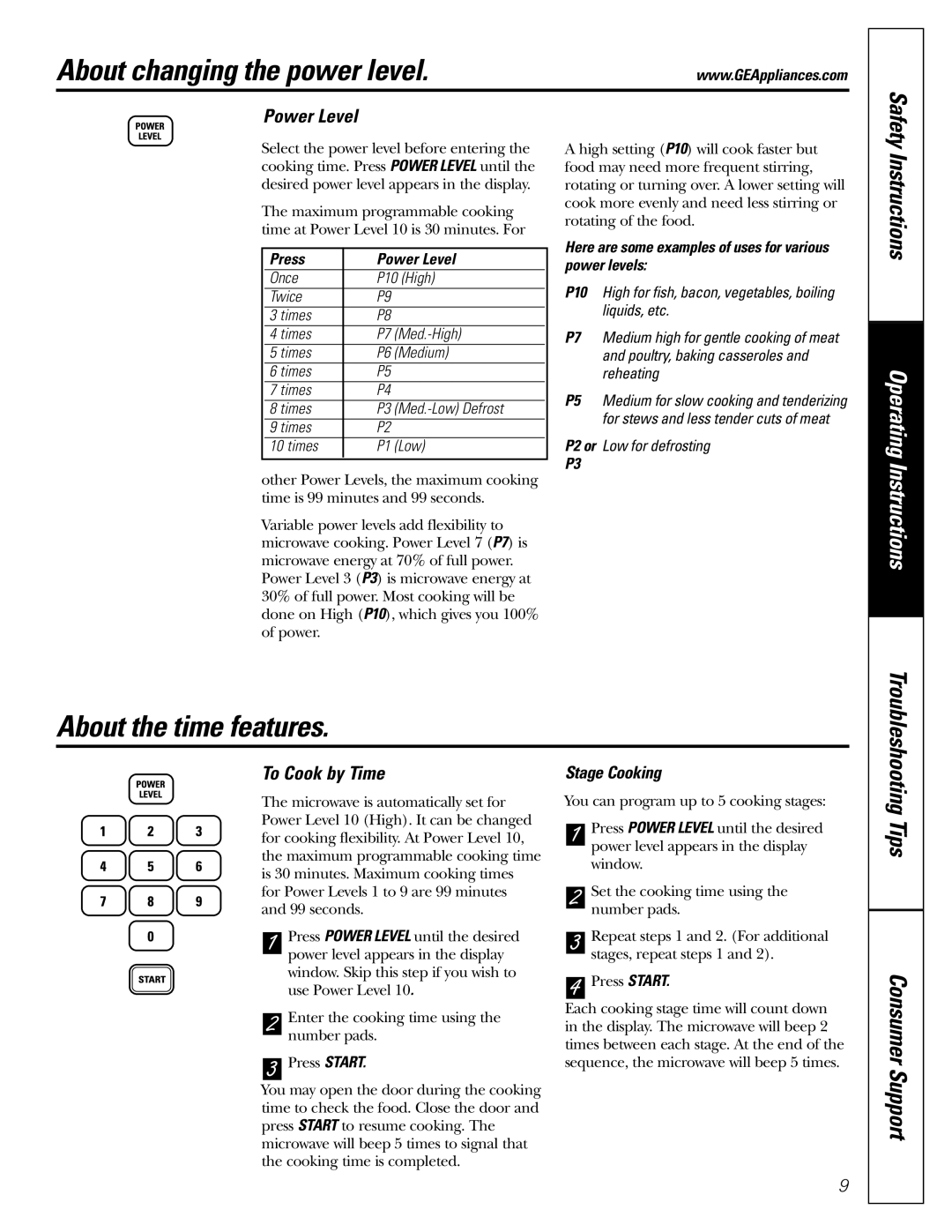 GE JES2251 About changing the power level, About the time features, Power Level, To Cook by Time, Stage Cooking 