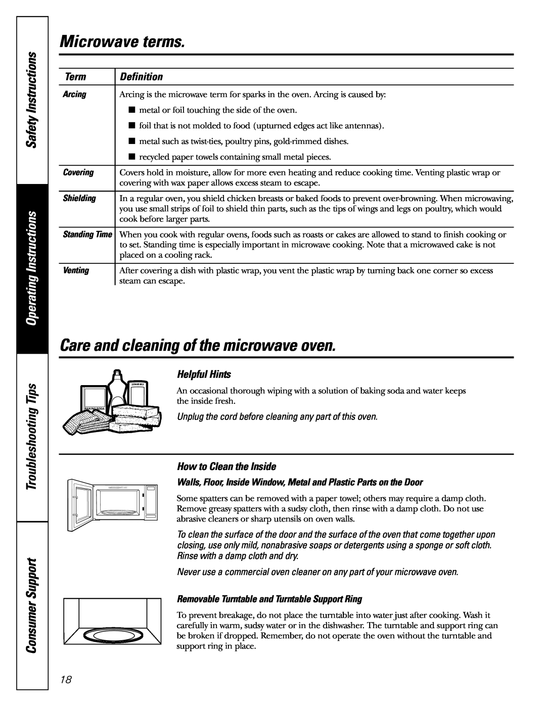 GE JES2251 Microwave terms, Care and cleaning of the microwave oven, Safety Instructions, Operating Instructions 