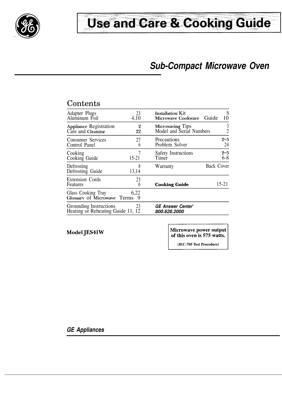 GE JES41W warranty Sub-Compact Microwave Oven 