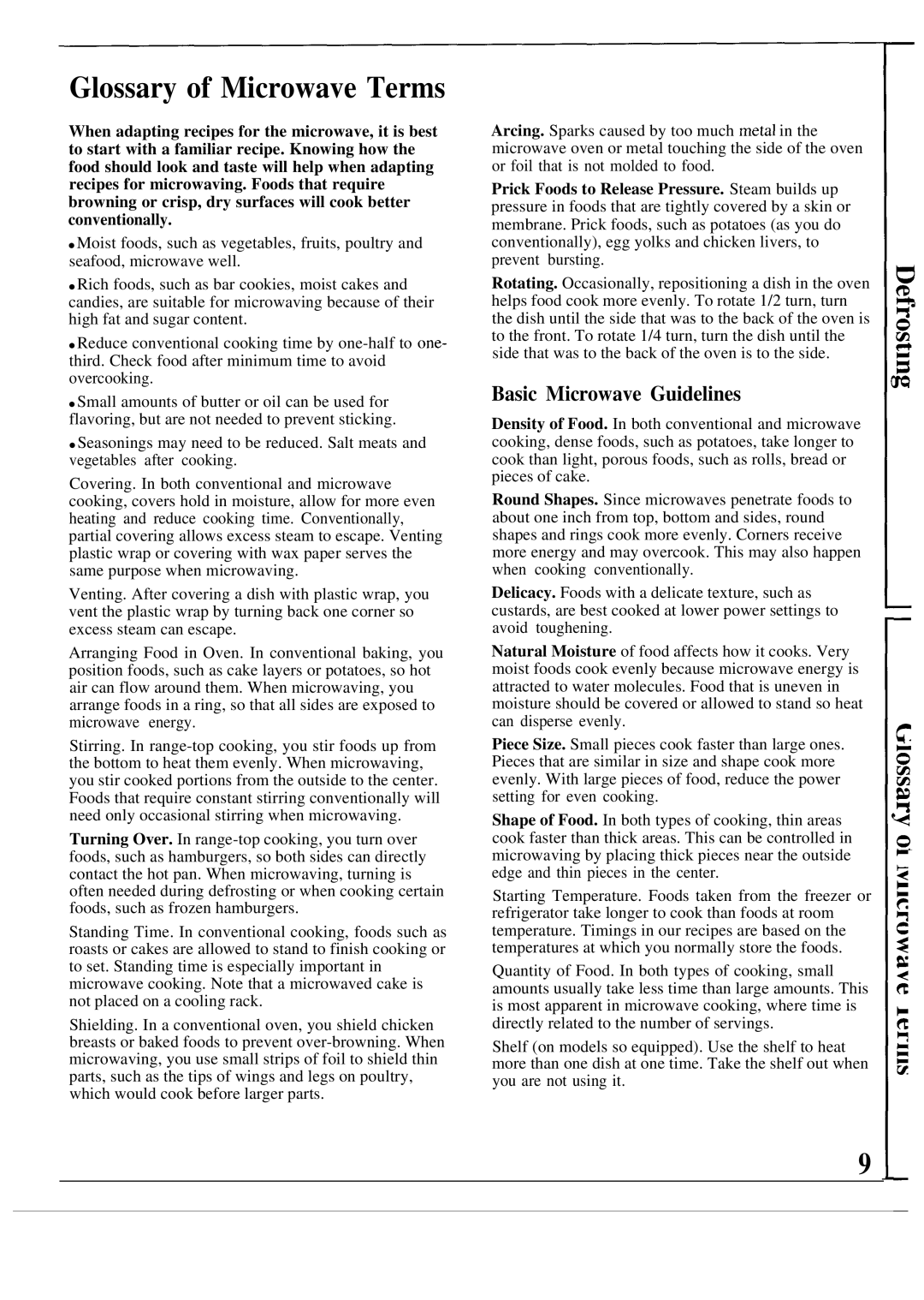 GE JES41W warranty Glossary of Microwave Terms, Basic Microwave Guidelines 