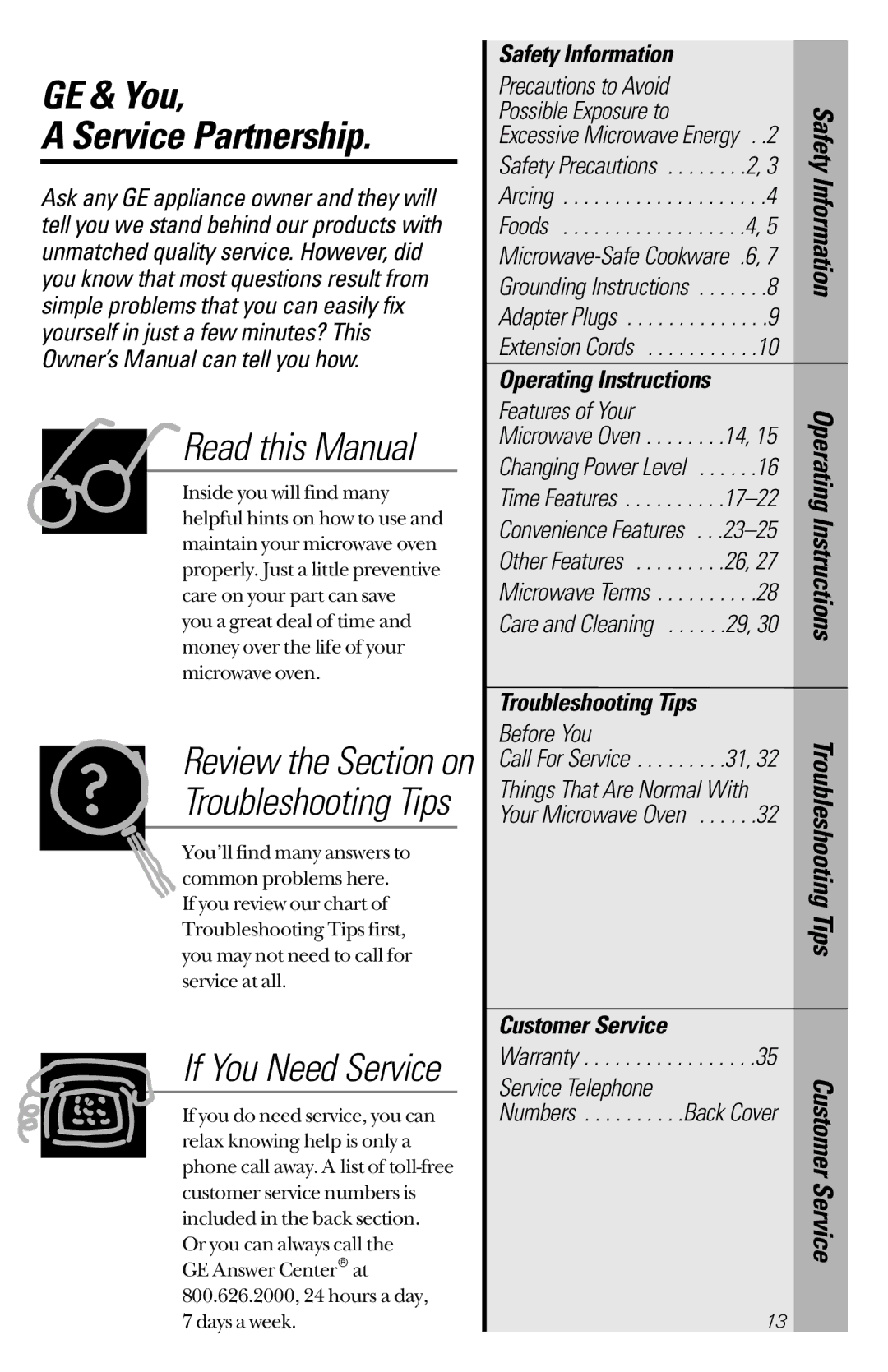 GE JES733 GE & You Service Partnership, Safety Information, Operating Instructions, Troubleshooting Tips, Customer Service 