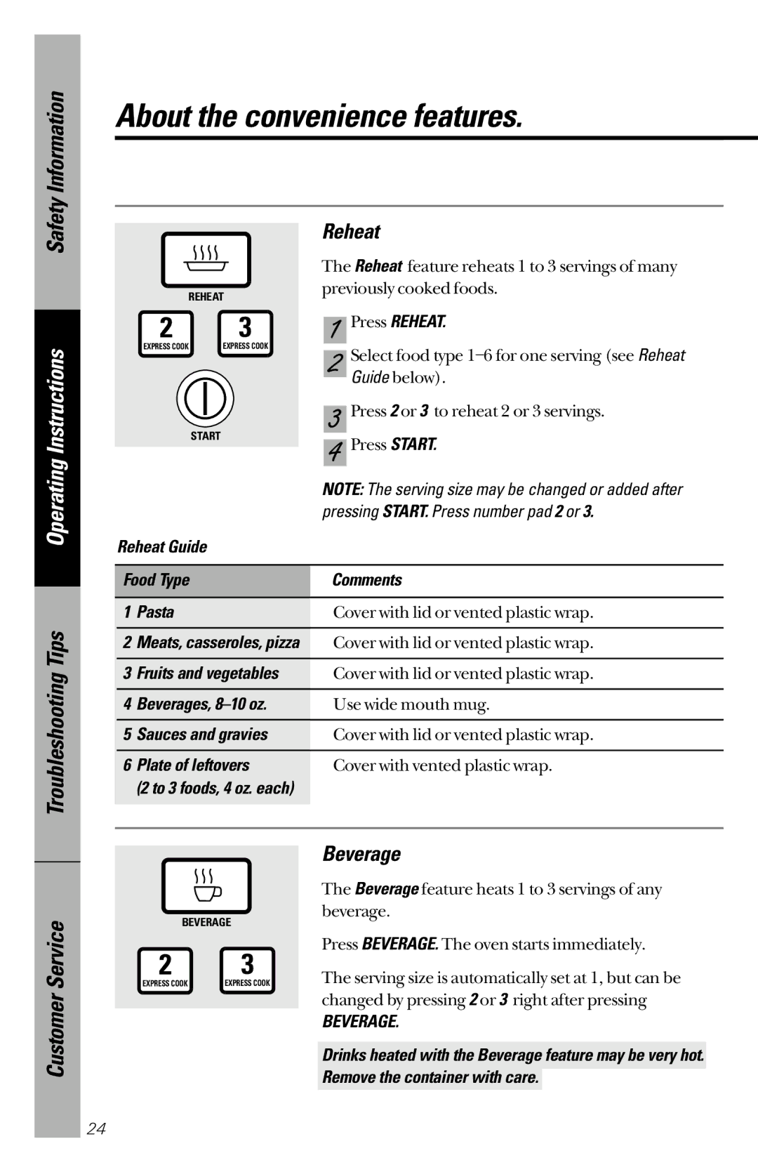 GE JES733 owner manual Reheat, Beverage 