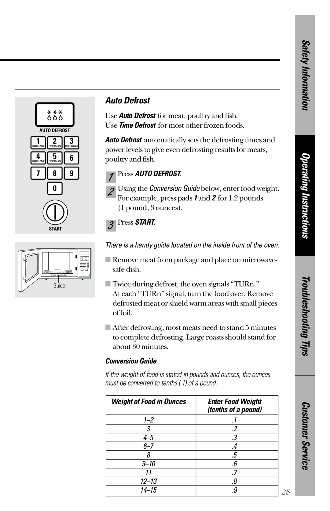 GE JES733 owner manual Press Auto Defrost, Conversion Guide, Enter Food Weight 