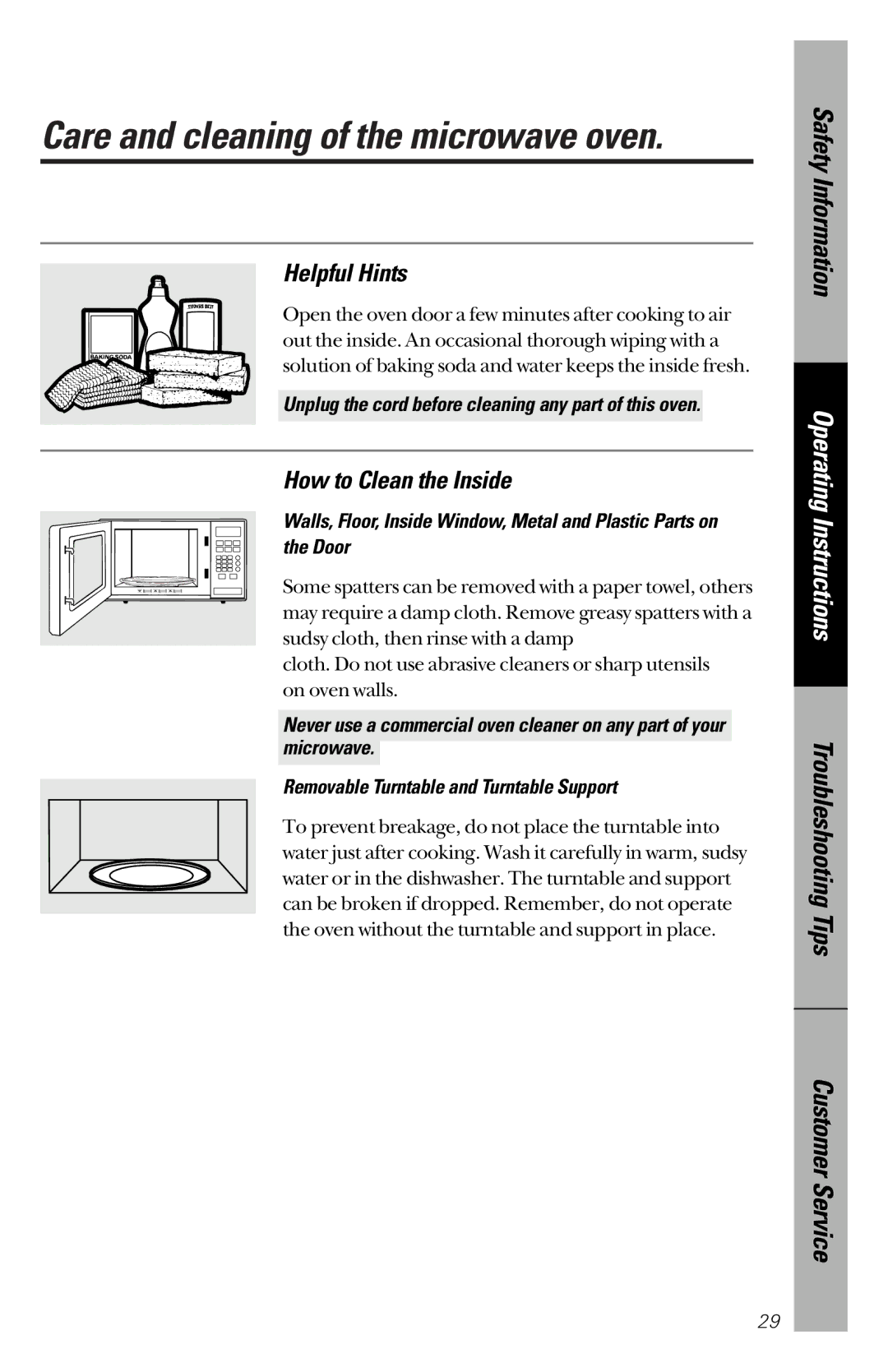 GE JES733 owner manual Care and cleaning of the microwave oven, Helpful Hints, How to Clean the Inside 