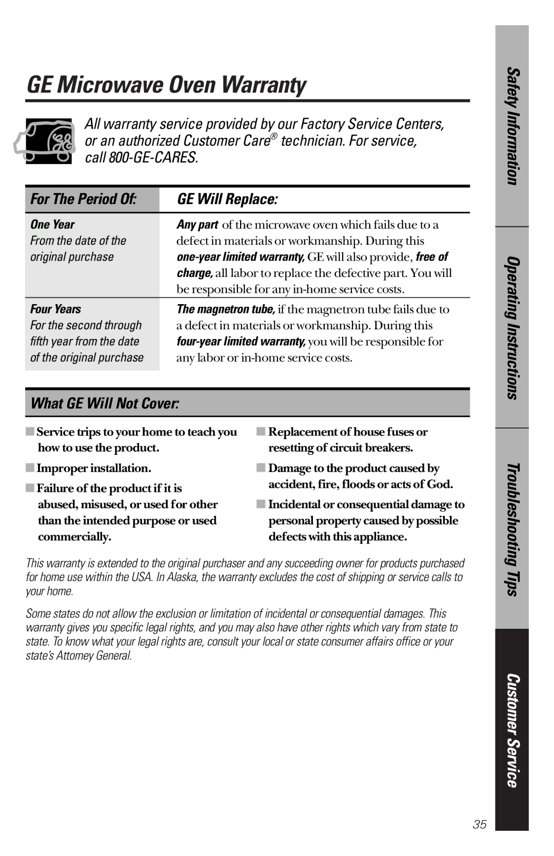 GE JES733 owner manual GE Microwave Oven Warranty, GE Will Replace, What GE Will Not Cover 