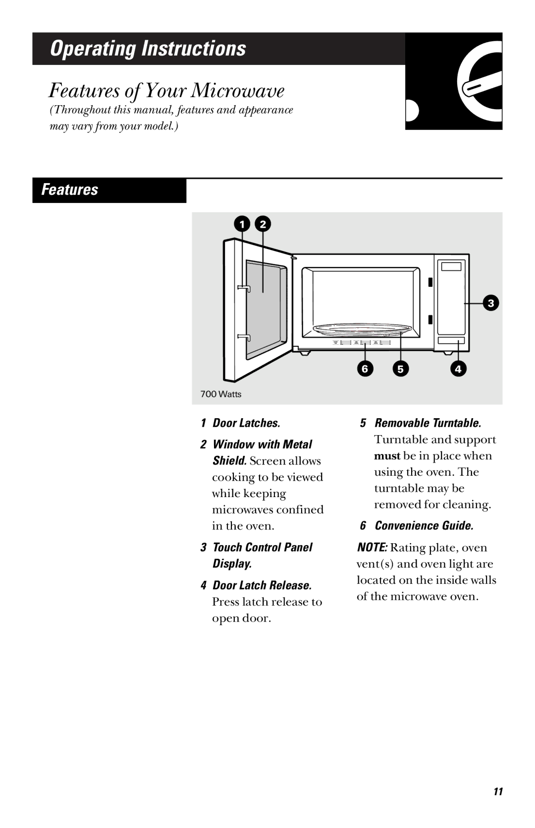 GE JES739, JES735 owner manual Operating Instructions, Features of Your Microwave, Removable Turntable, Convenience Guide 