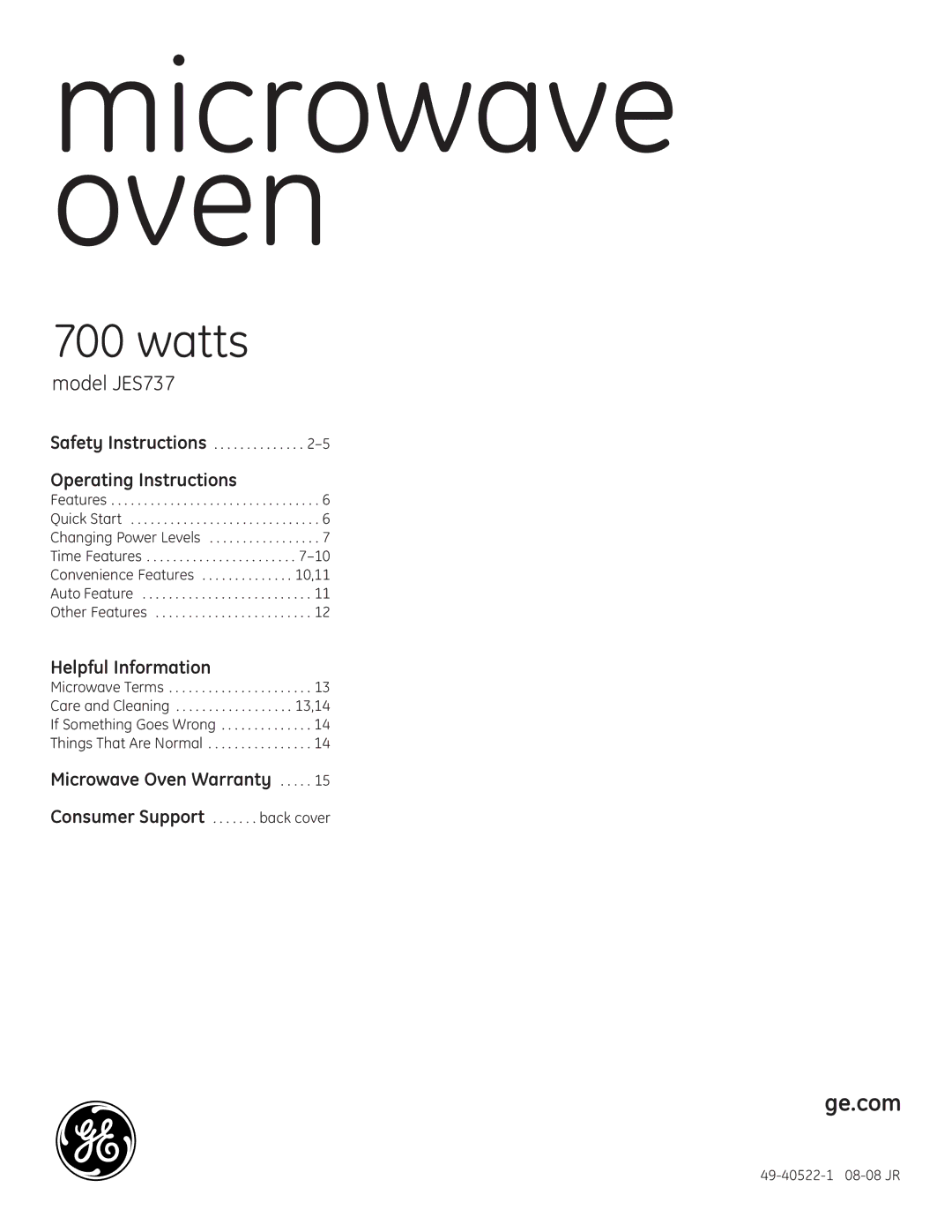 GE JES737 operating instructions Operating Instructions, Helpful Information, Microwave Oven Warranty 