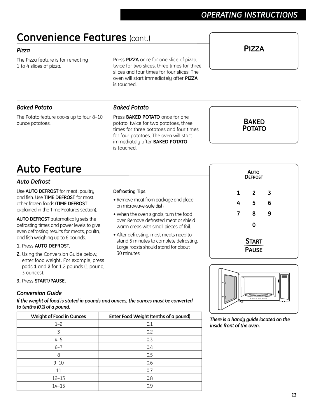 GE JES737 operating instructions Auto Feature, Pizza, Baked Potato, Auto Defrost, Conversion Guide 