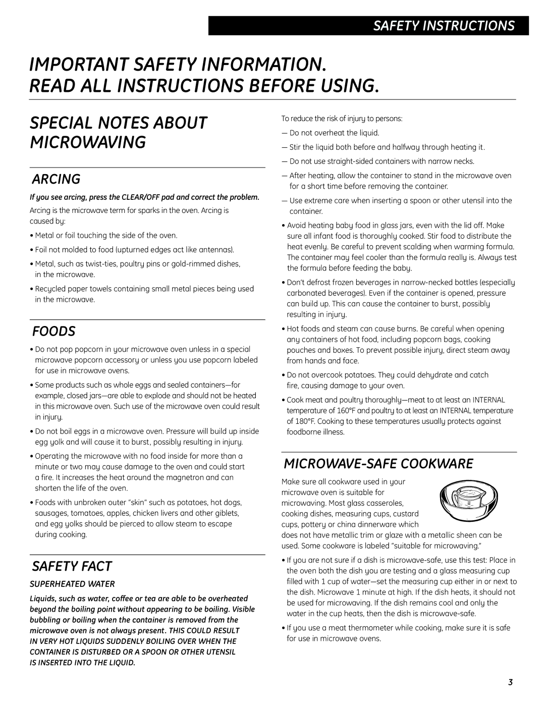 GE JES737 operating instructions Arcing, Foods, Safety Fact, MICROWAVE-SAFE Cookware 