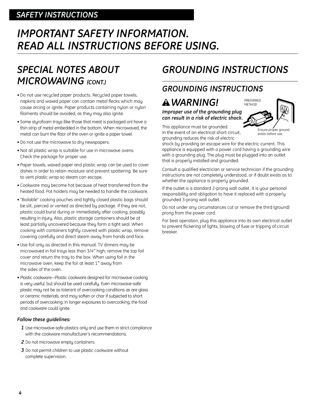 GE JES737 operating instructions Grounding Instructions, Follow these guidelines 