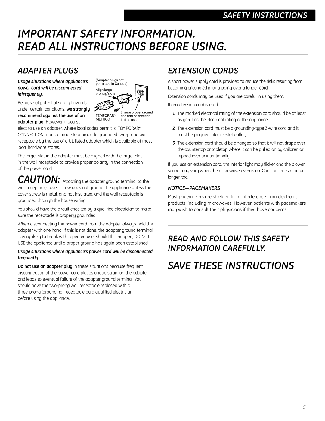 GE JES737 operating instructions Adapter Plugs, Extension Cords, Recommend against the use of an 