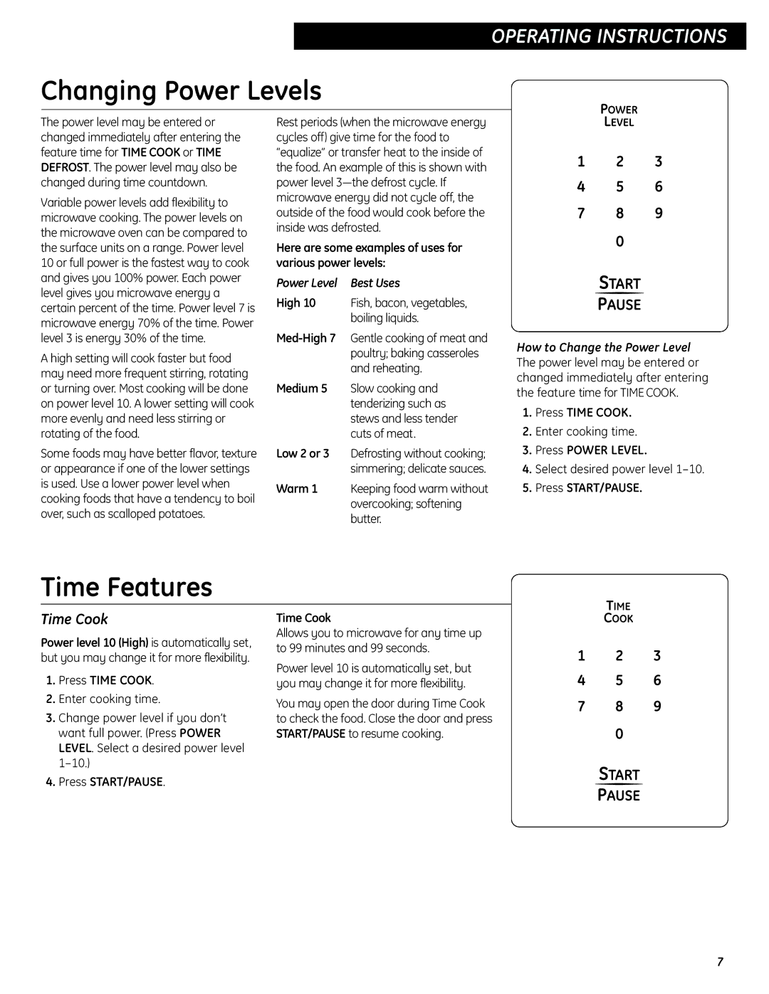 GE JES737 operating instructions Changing Power Levels, Time Features, Time Cook, Power Level Best Uses 