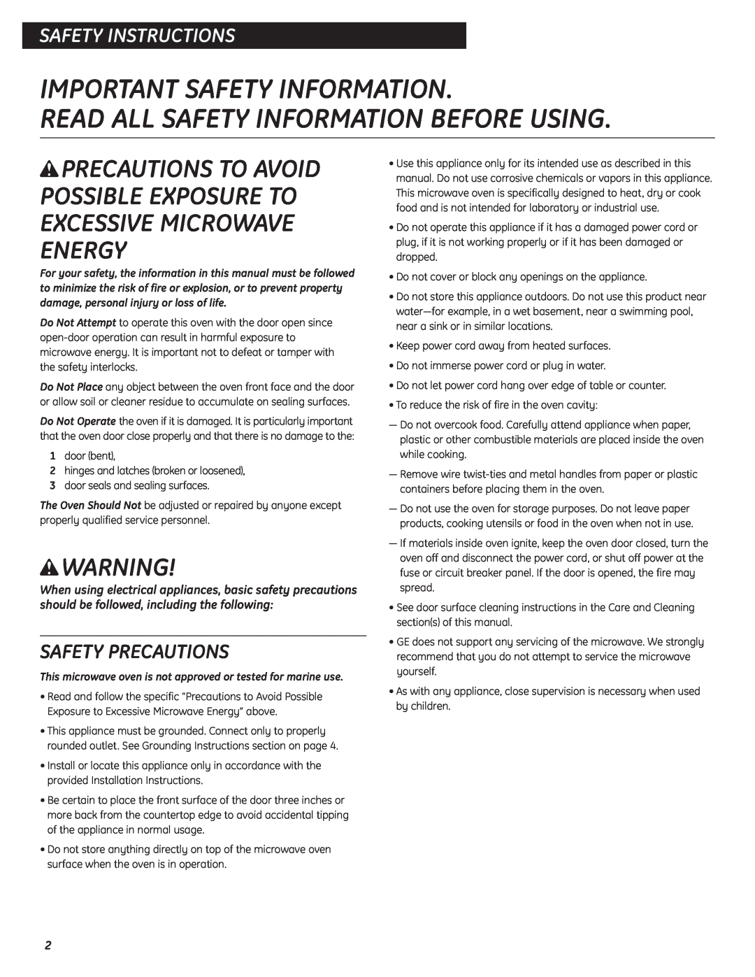 GE JES737 Important Safety Information, Read All Safety Information Before Using, wPRECAUTIONS TO AVOID, wWARNING 