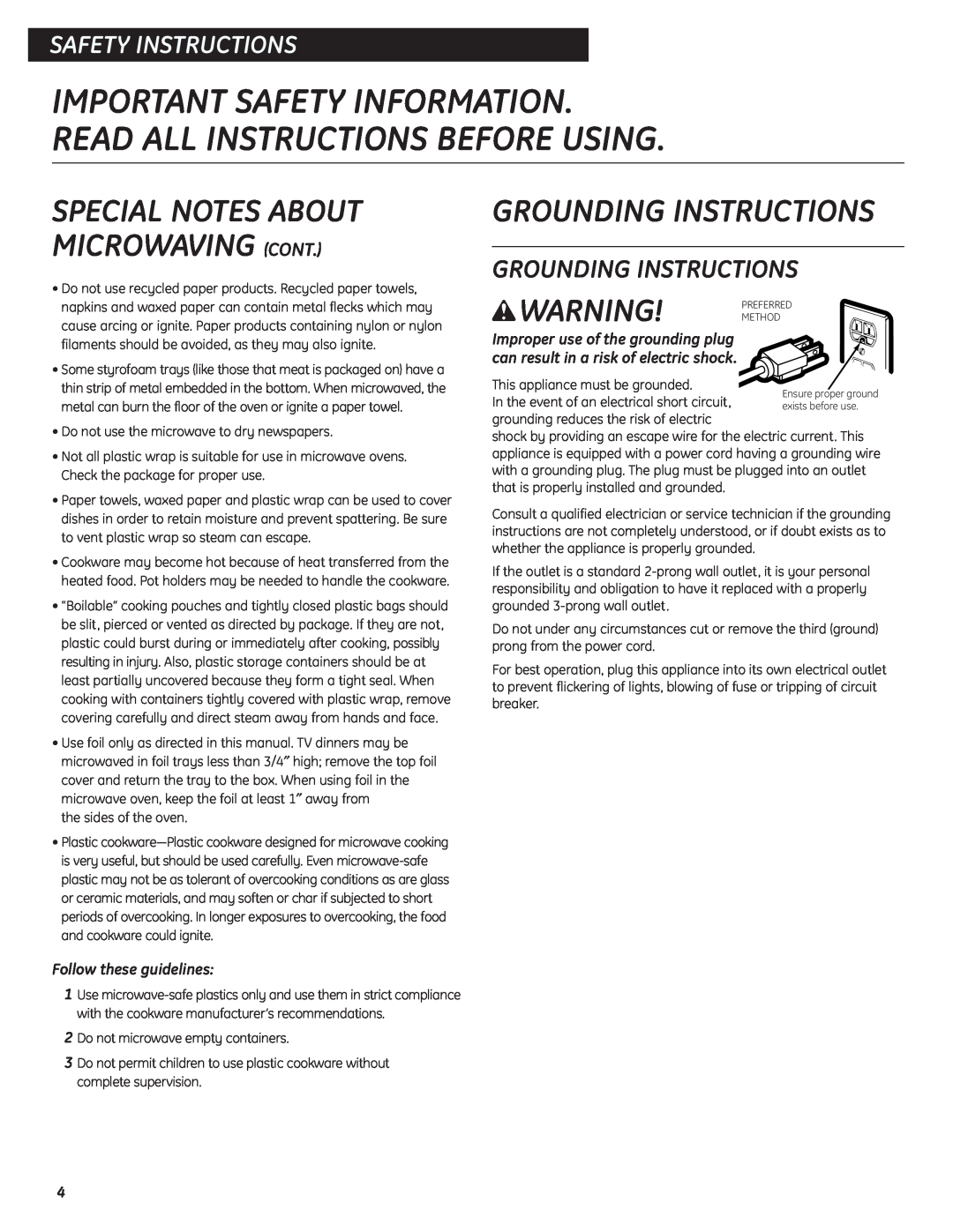 GE JES737 Grounding Instructions, Follow these guidelines, Special Notes About Microwaving Cont, Safety Instructions 