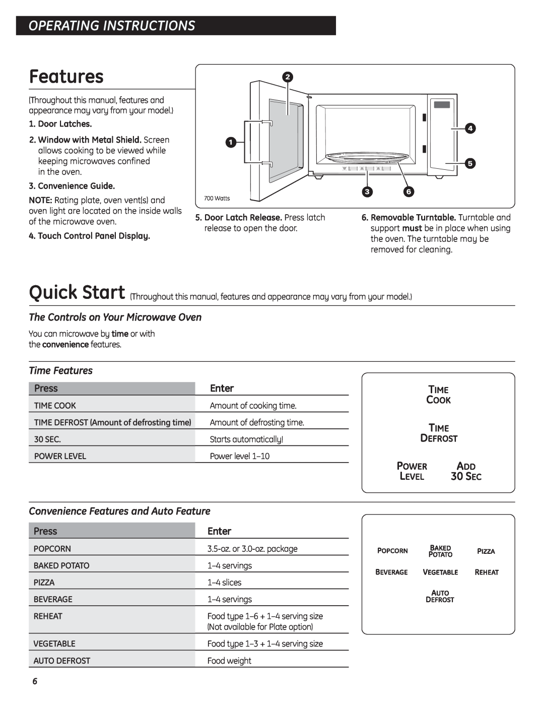 GE JES737 Operating Instructions, The Controls on Your Microwave Oven, Time Features, Enter, Press, Door Latches 